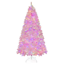 Costway - 7 FT Flocked Artificial Christmas Tree Hinged with 500 LED Lights 1200 Branch Tips - Pink
