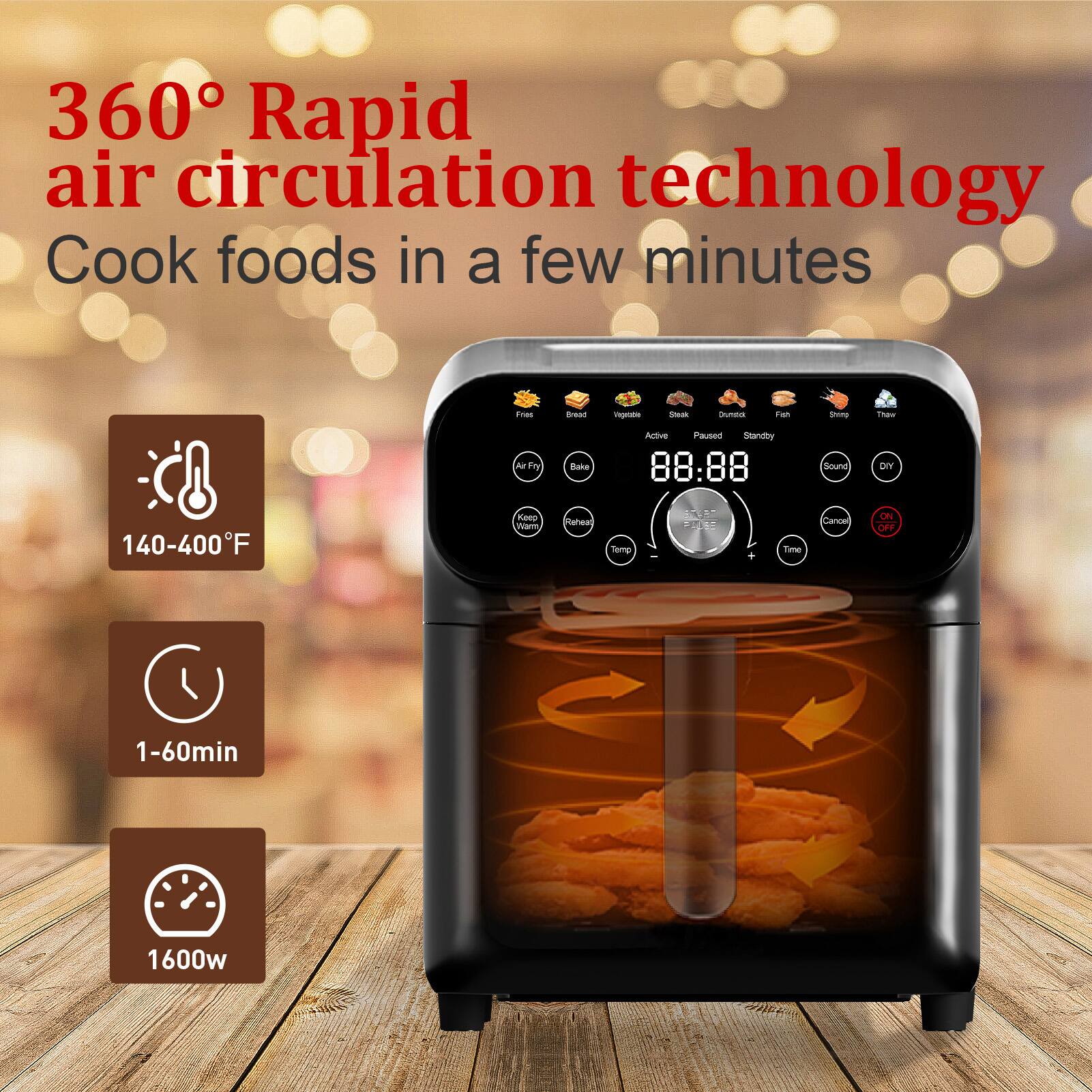 360° Rapid air circulation technology  
Cook foods in a few minutes  

140-400°F  
1-60min  
1600w