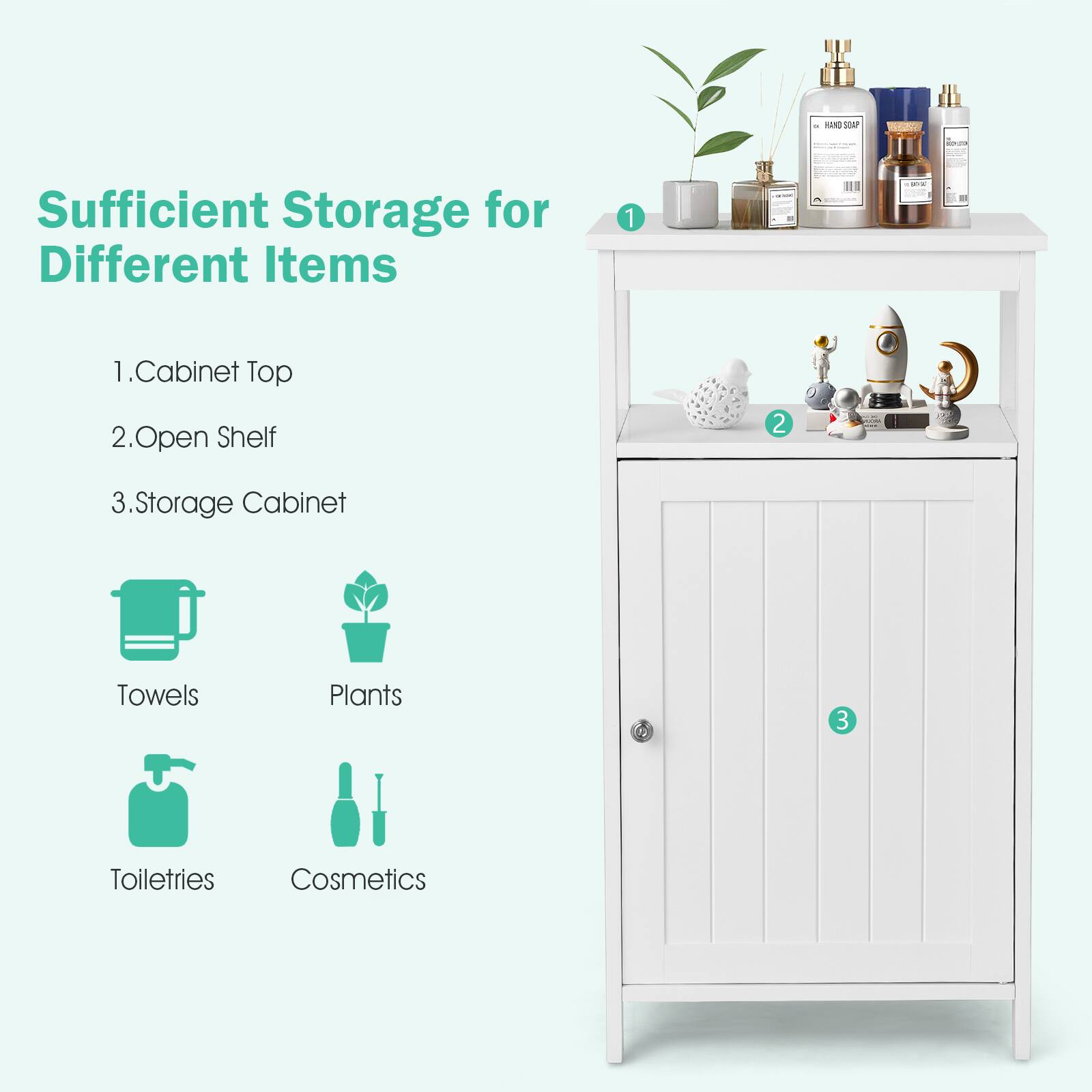 Sufficient Storage for Different Items

1. Cabinet Top
2. Open Shelf
3. Storage Cabinet

- Towels
- Plants
- Toiletries
- Cosmetics