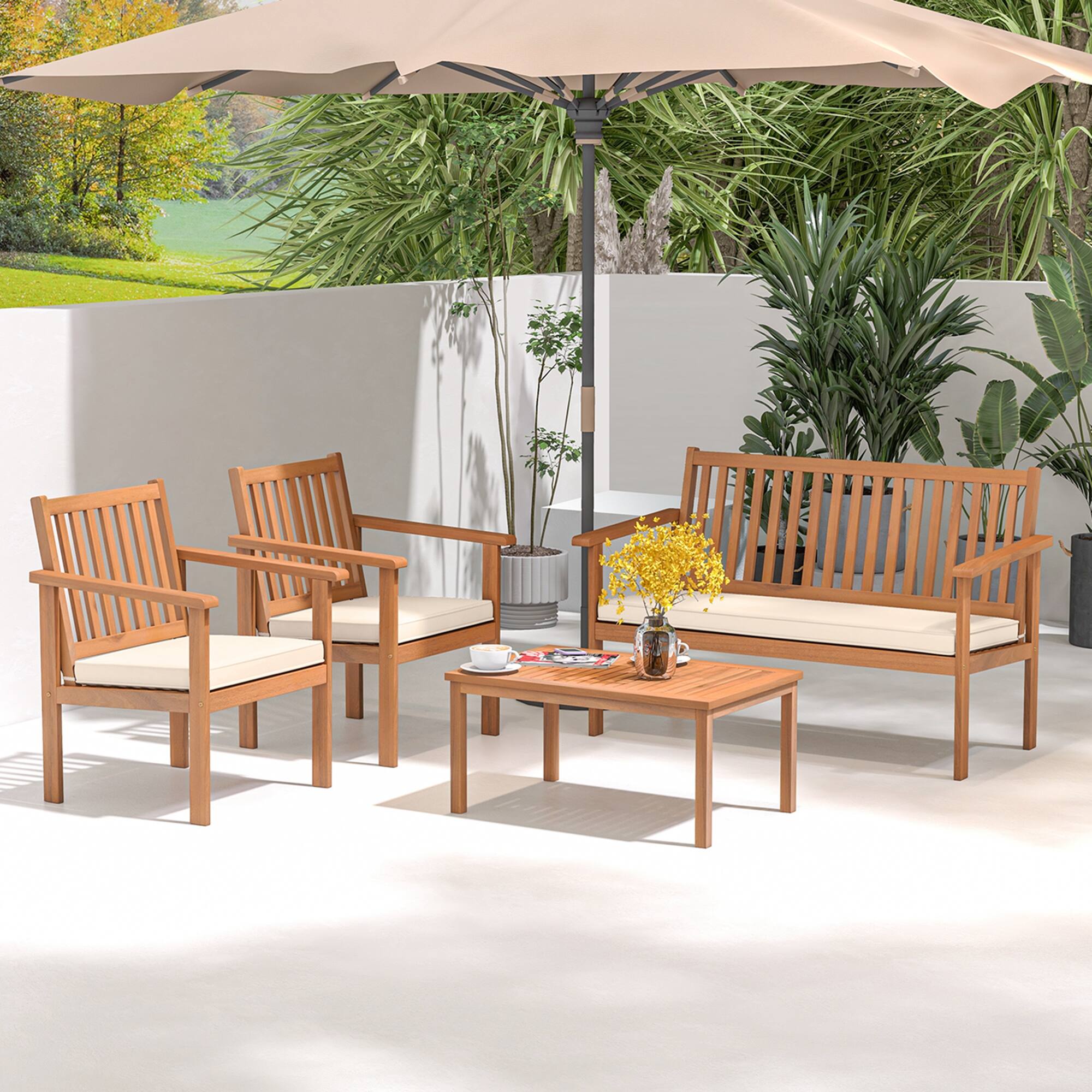 Alt View 1. Costway - 4 PCS Patio Wood Furniture Set with Loveseat, 2 Chairs & Coffee Table for Porch - Natural + White.
