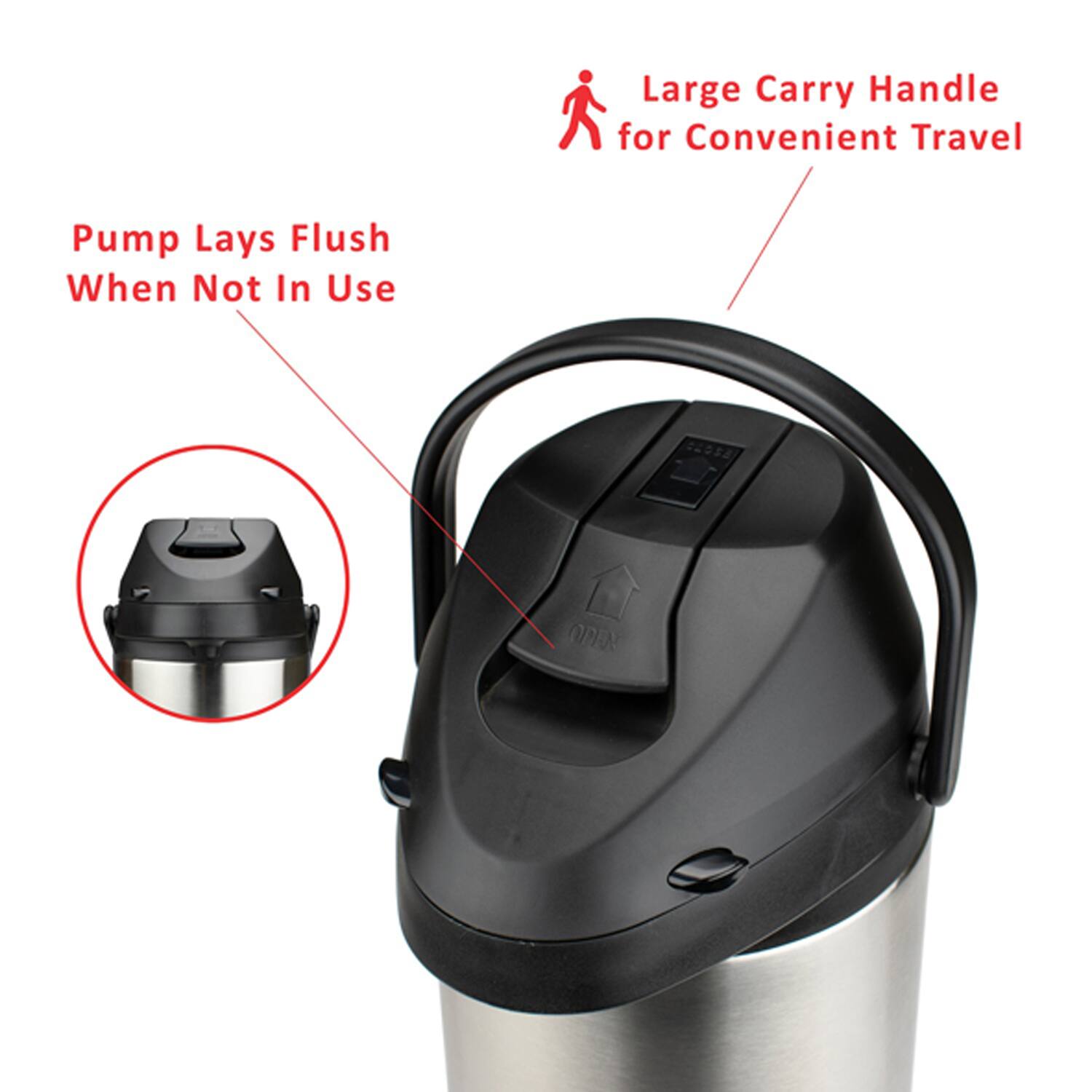 Large Carry Handle for Convenient Travel  
Pump Lays Flush When Not In Use