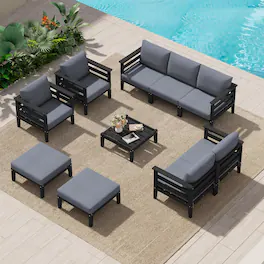 SERWALL - HDPE Outdoor Furniture Set, 10 Pieces Patio Sectional Sofa Set, Modular Design for Flexible Combination - Black/Grey