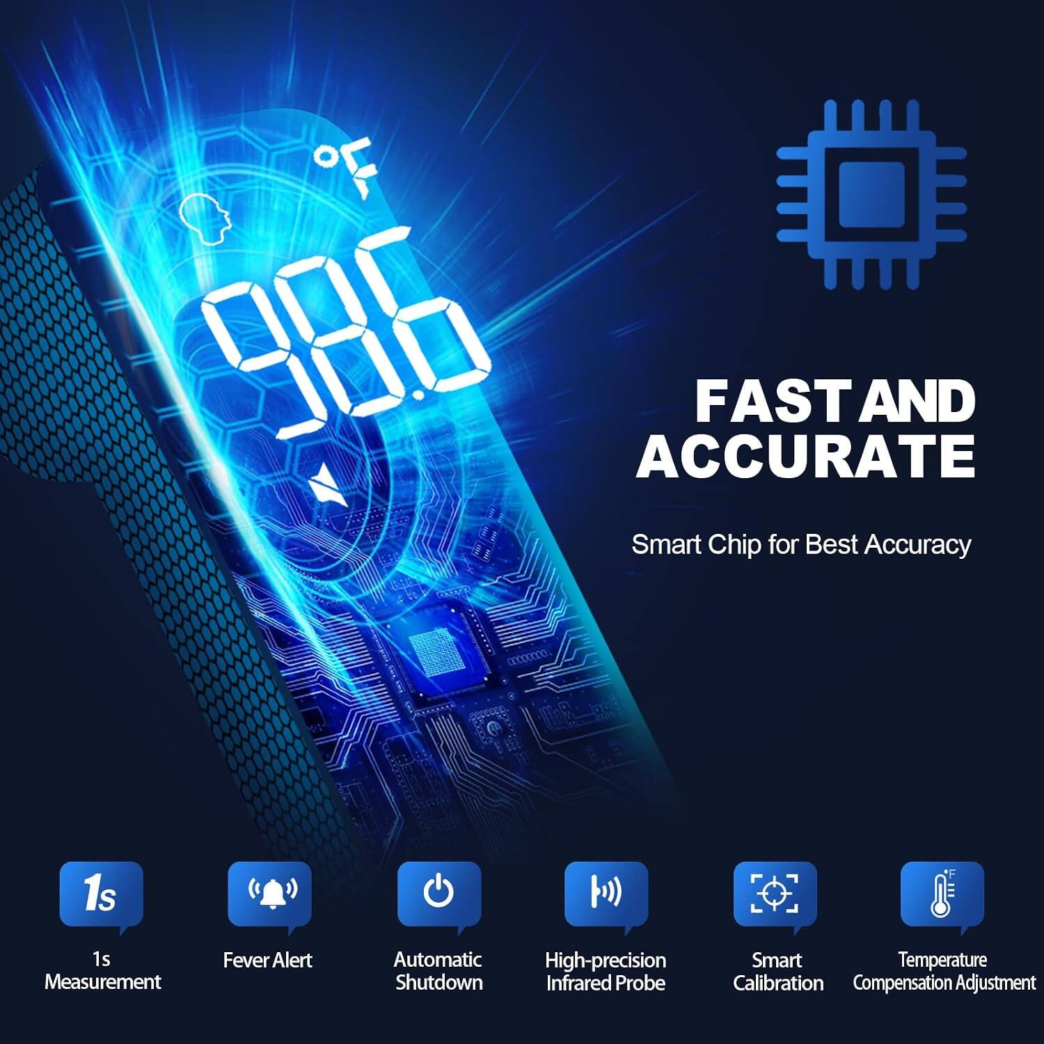 3 986 ACCURATE FAST AND Smart Chip for Best Accuracy

00000000

1s Measurement

Fever Alert

Automatic High-precision Shutdown Infrared Probe

Smart Temperature Calibration Compensation Adjustment