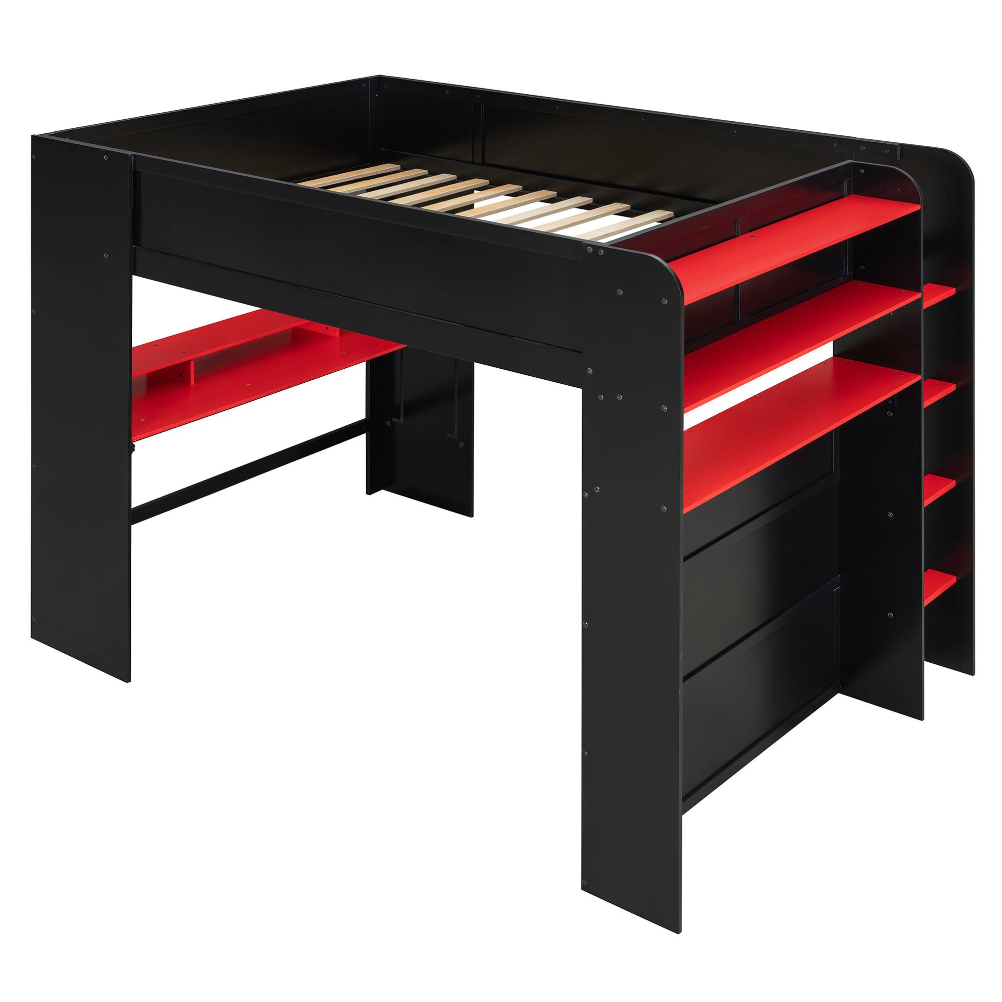 Back. Anysun - Full Size Wood Bunk Bed with height-adjustable Desk,Wardrobe,Ample Storage Space,and RGB Light - Red.