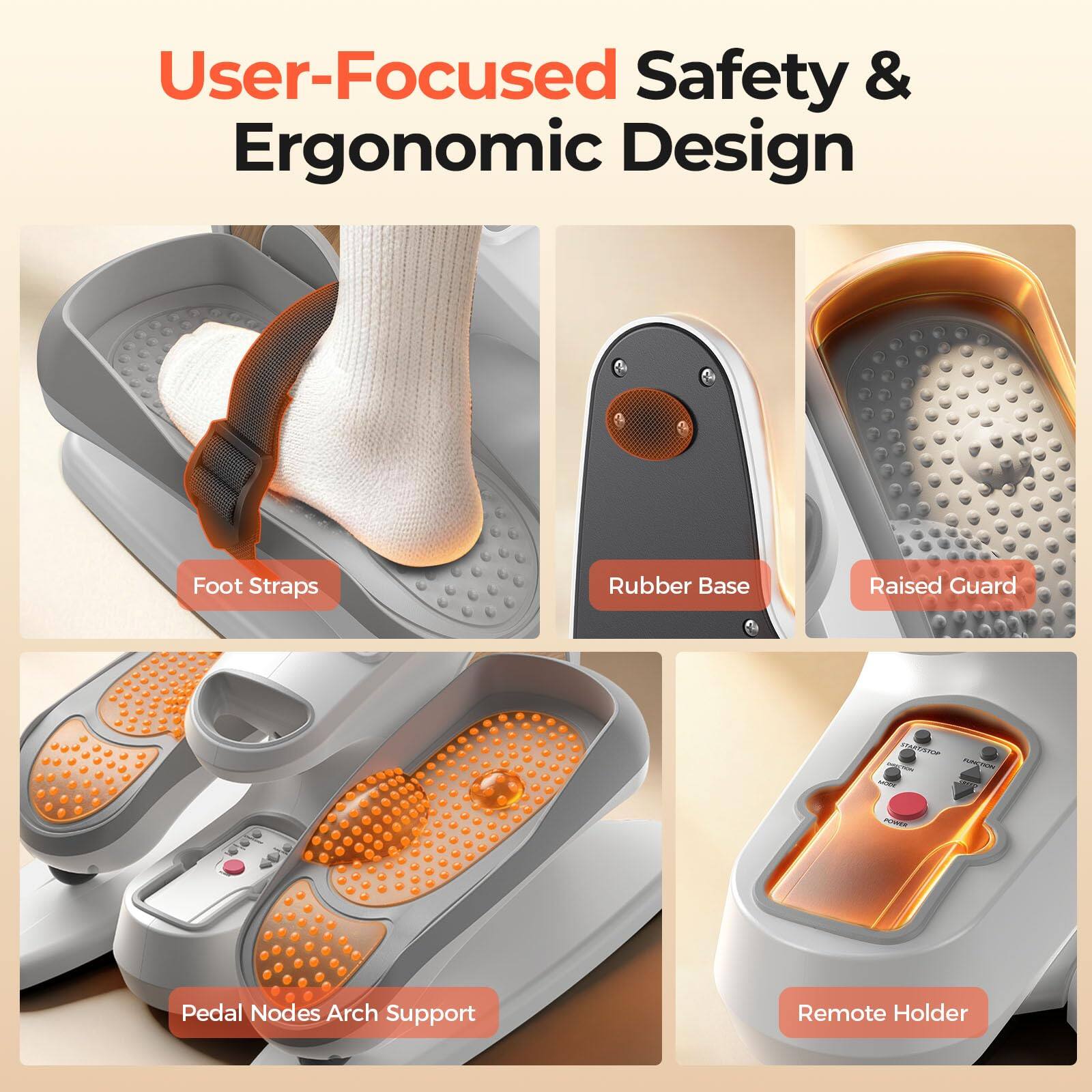 User-Focused Safety & Ergonomic Design

- Foot Straps
- Rubber Base
- Raised Guard
- Pedal Nodes Arch Support
- Remote Holder