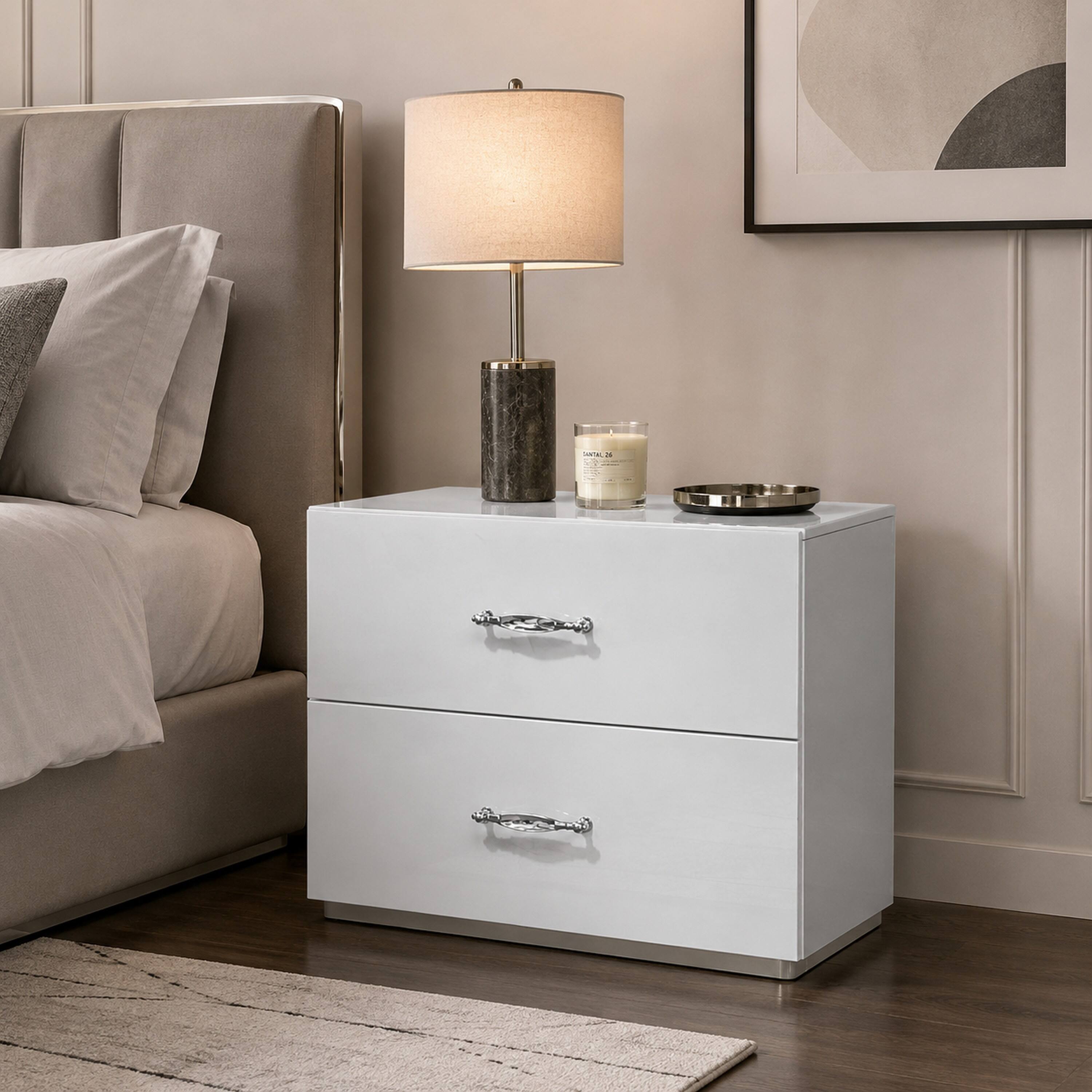 Alt View 4. Manhattan Lane - Soha Nightstand, 2 Drawers, Acrylic Handles - White, Chrome.