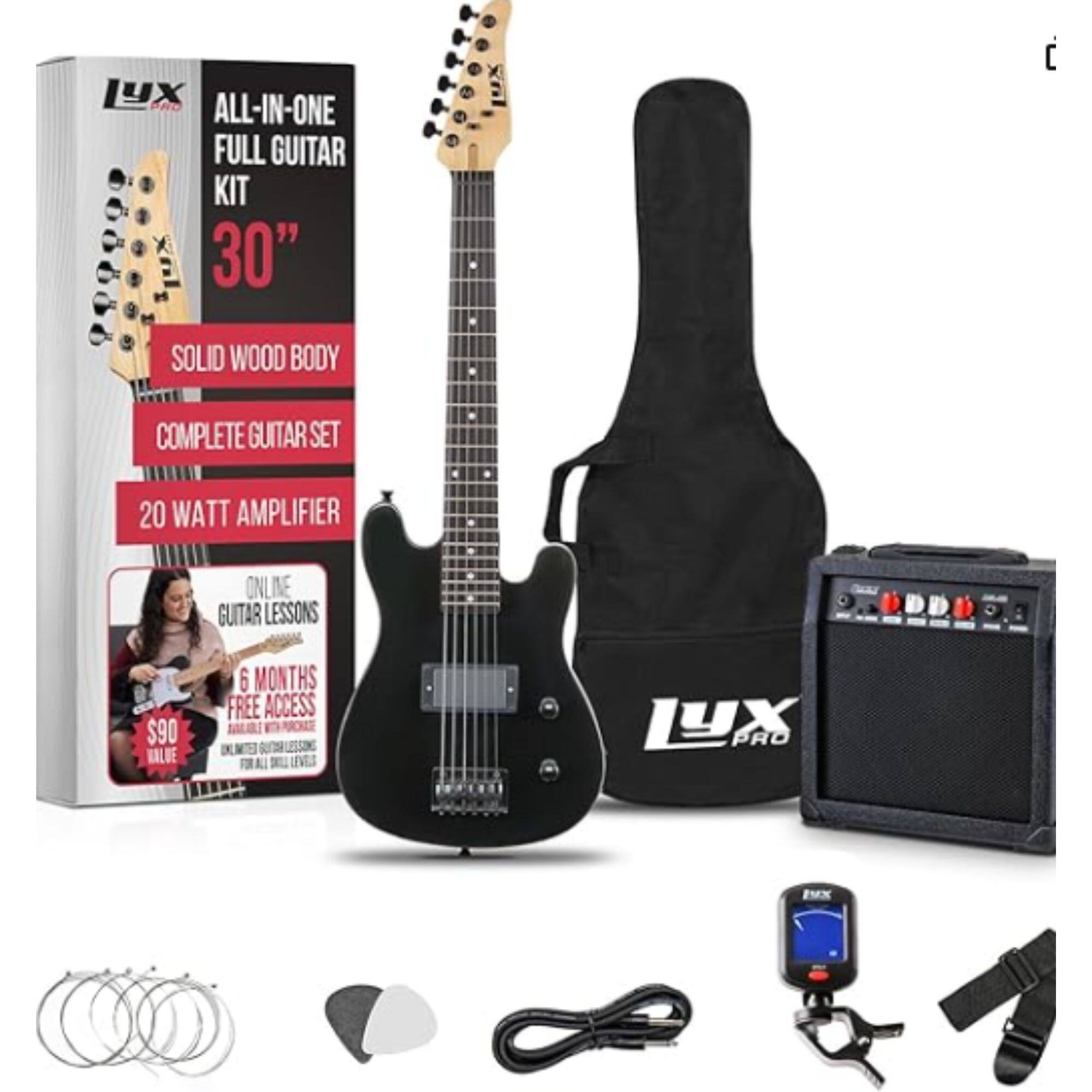 yX ALL-IN-ONE FULL GUITAR KIT 30" i SOLID WOOD BODY COMPLETE GUITAR SET 20 WATT AMPLIFIER ONLINE GUITAR LESSONS $90 VALUE 6 MONTHS FREE ACCESS ROCKE LESSONS LYX PRO EMX