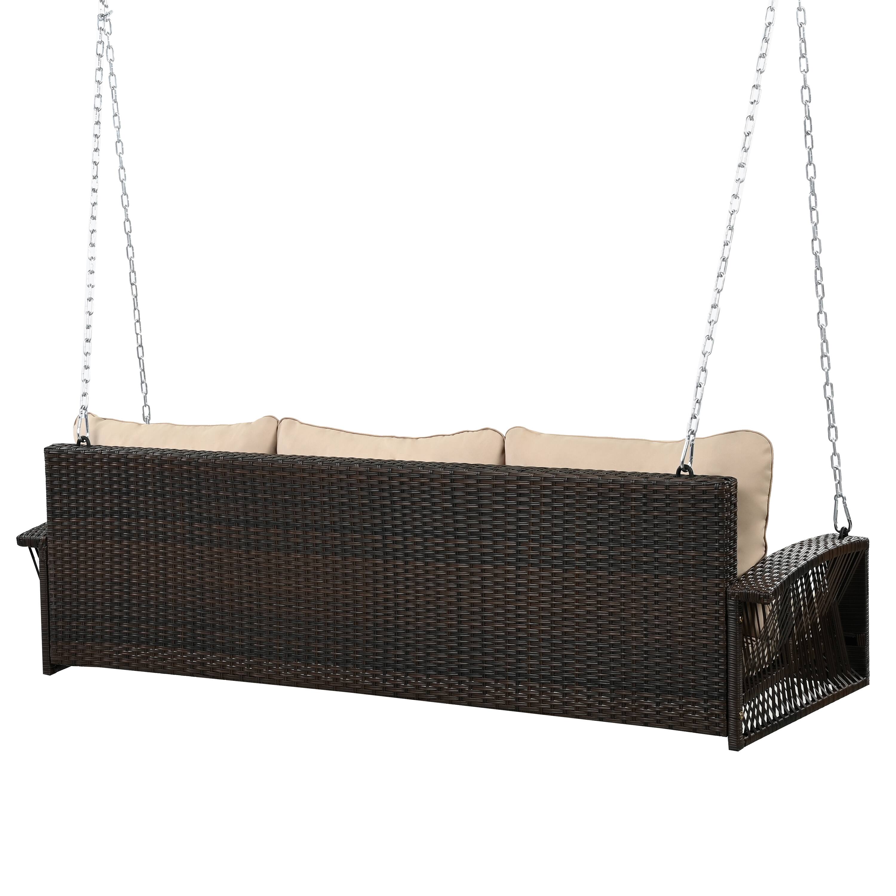 Alt View 1. Mondawe - 69" PE Wicker 3-Person Porch Swing with Chains and Cushions - Brown.