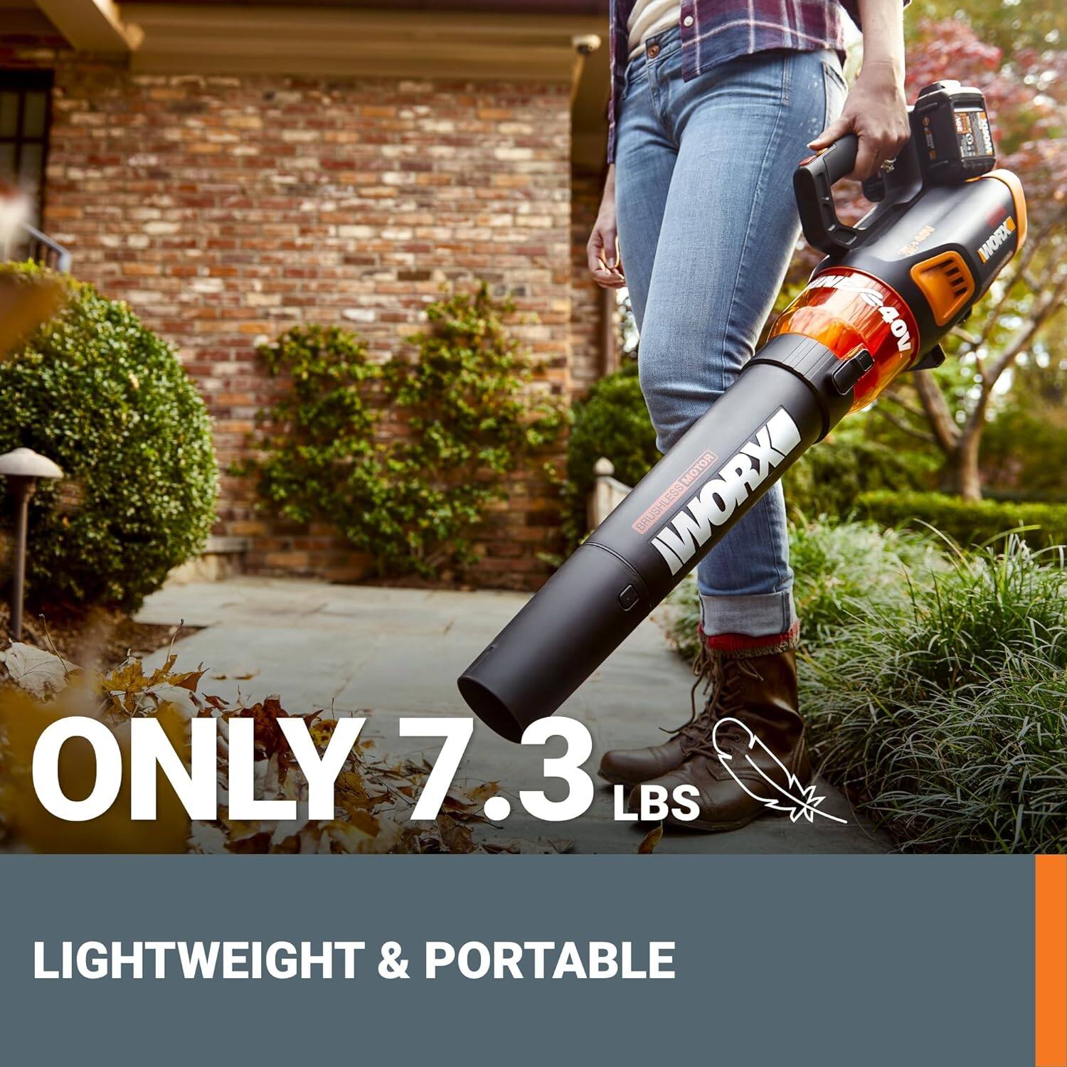 The text on the image reads: "WORX ONLY 7.3 LBS LIGHTWEIGHT & PORTABLE 40V MOTOR BRUSHLESS."