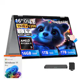 HP - Upgraded - OmniBook X Flip 2-in-1 16" Touch Laptop,Ryzen AI 5 430,16GB RAM,1TB SSD+1TB Dock,Backlit,Win 11 Pro - Meteor Silver
