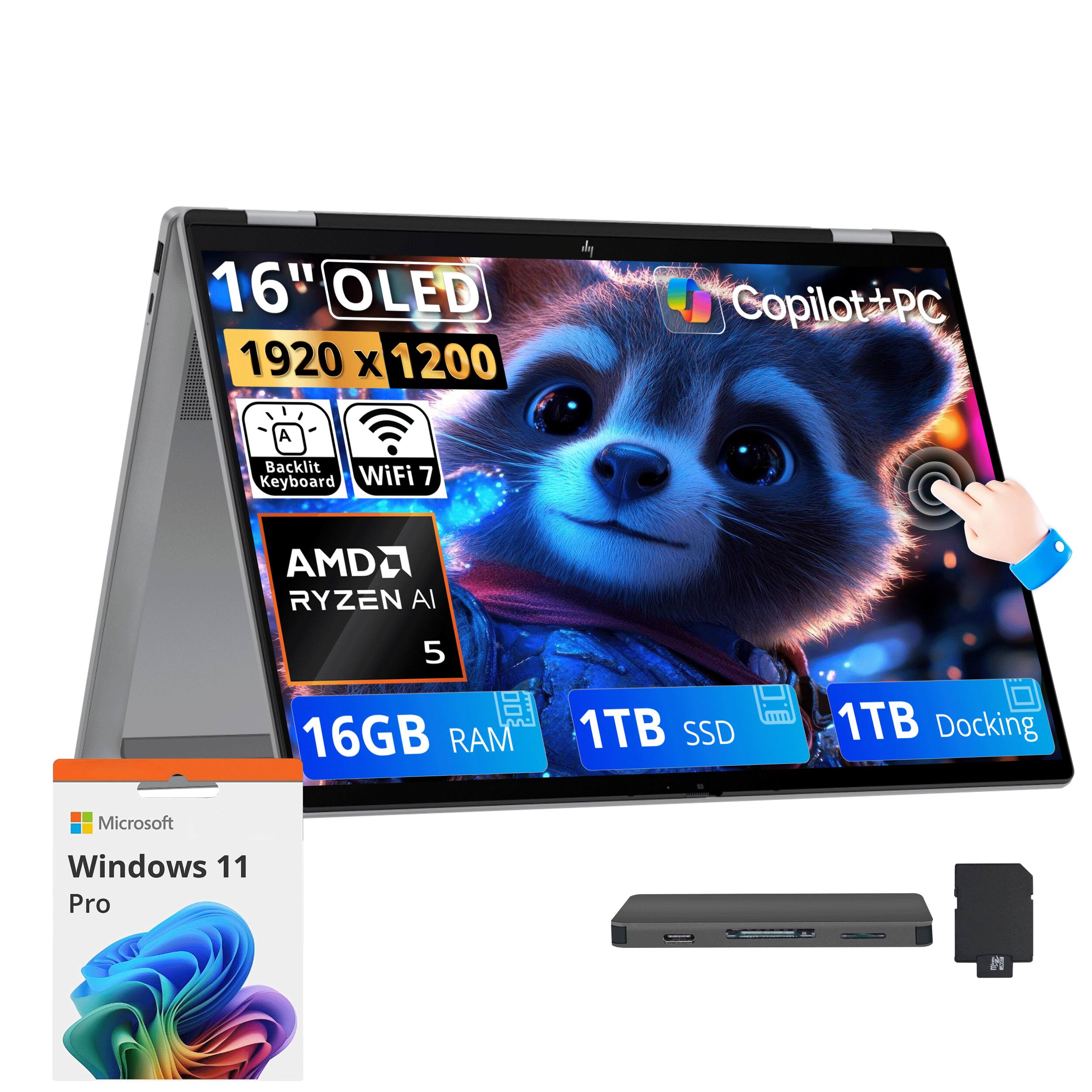 HP - Upgraded - OmniBook X Flip 2-in-1 16" Touch Laptop,Ryzen AI 5 430,16GB RAM,1TB SSD+1TB Dock,Backlit,Win 11 Pro - Meteor Silver