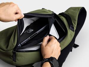 Alt View 10. ALPAKA - Crossbody Sling Bag 7.5L (Left Shoulder) for Men, Fits 11" Tablet, Phone Sleeve, Bottle Pocket, Luggage Pass-Through - Green Axoflux 210D.