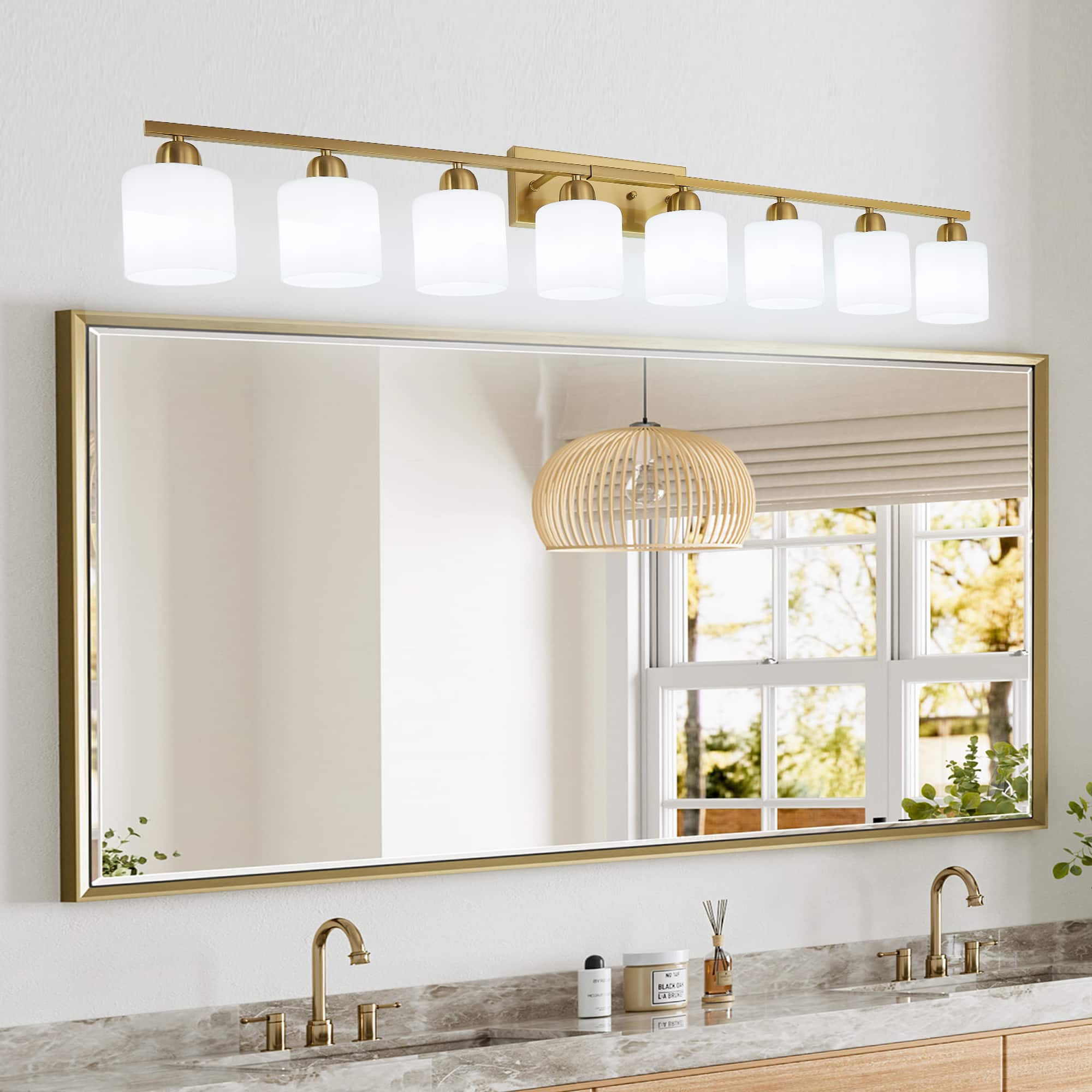 HOMLUX - 51.57 in. 8 Lights Gold LED Vanity Light Bar with Crystal Shade