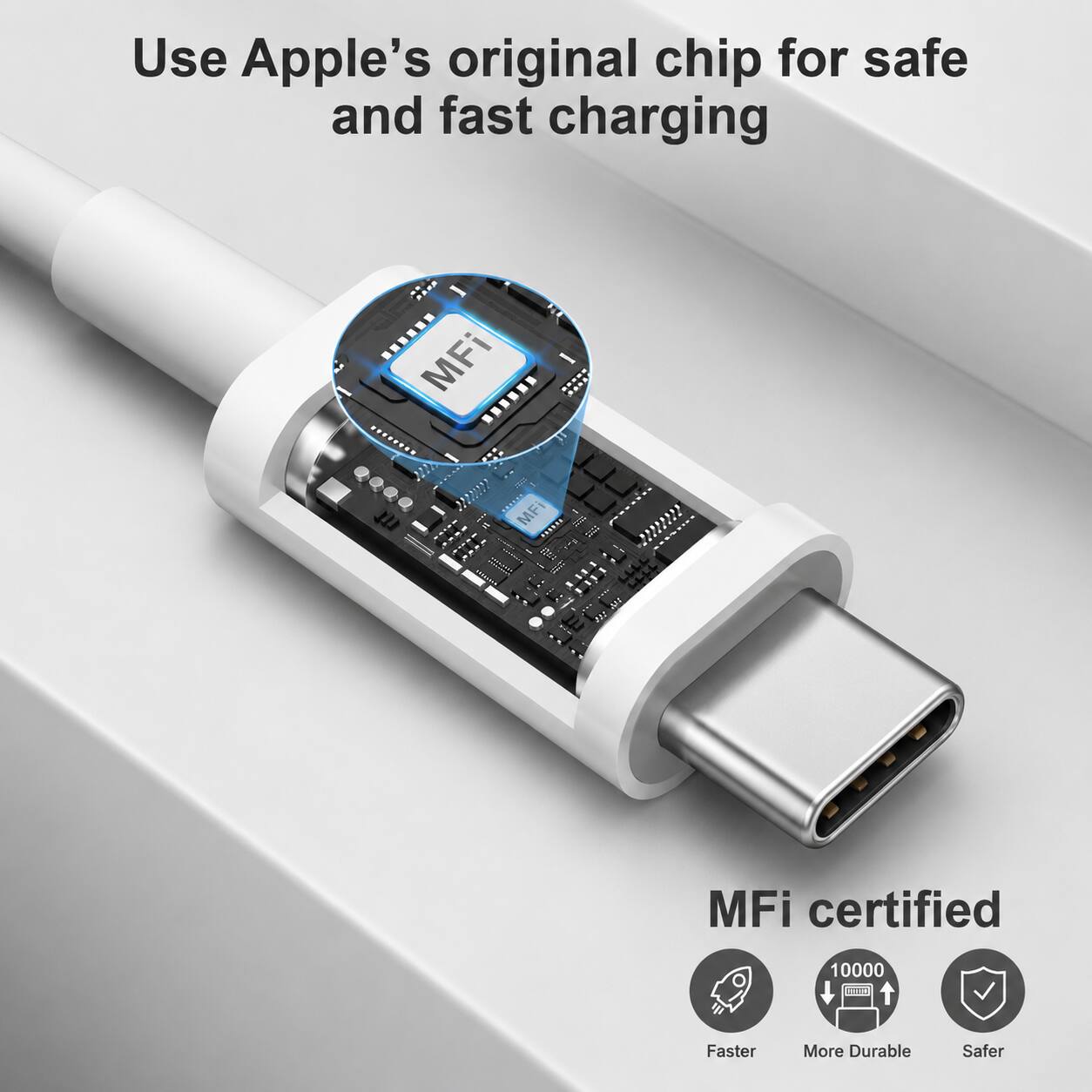 Use Apple's original chip for safe and fast charging

MFi certified

Faster
More Durable
Safer