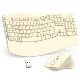 PRIMEPLUS - Wireless Keyboard & Mouse Combo, 2.4G Ergonomic Full-Size Wave Keys with Wrist Rest, 3-Level DPI Mouse for Win/Mac - Latte