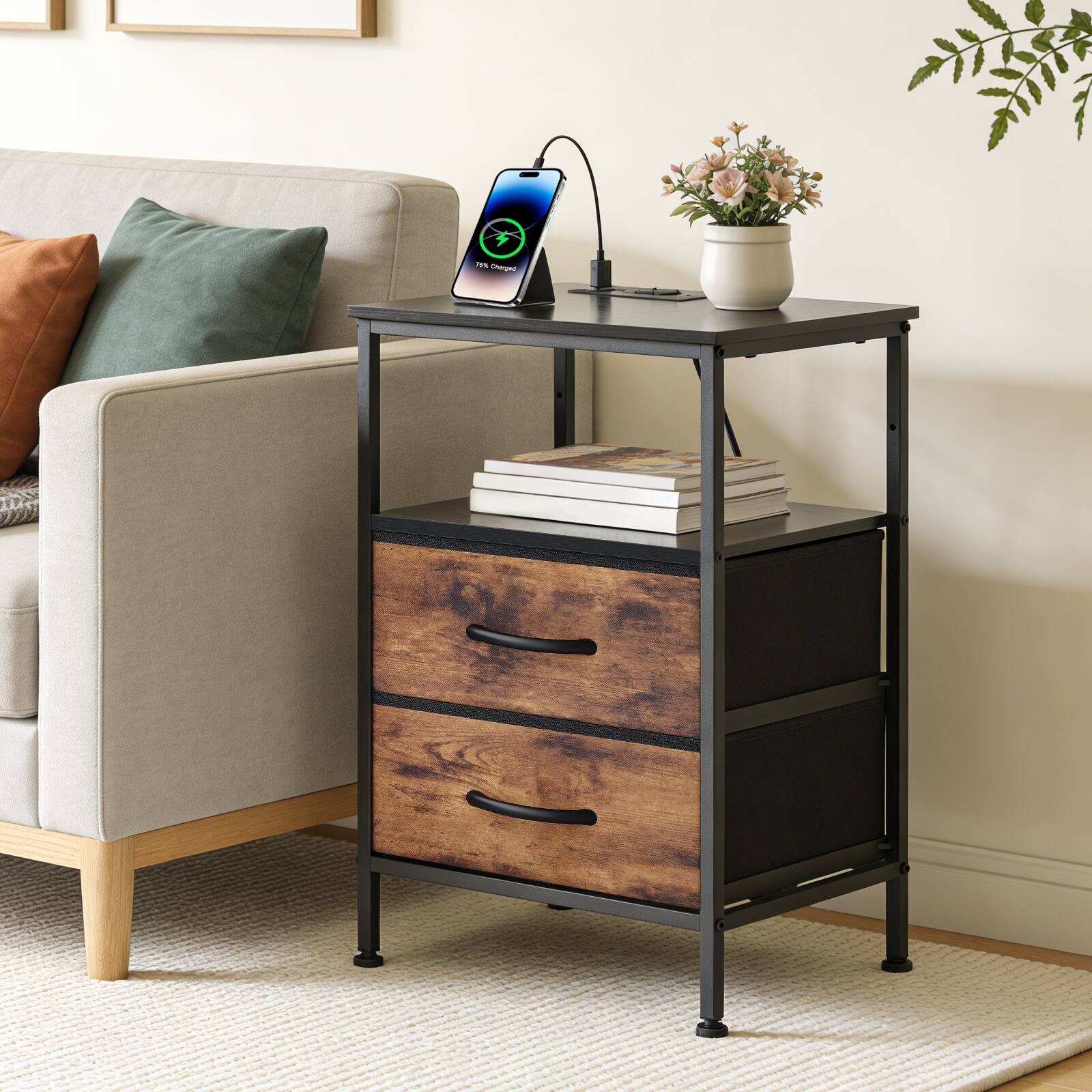 Front. AENKYO - Bedside Table Nightstand 3-Tier Storage End Table with Charging Station - black brown.