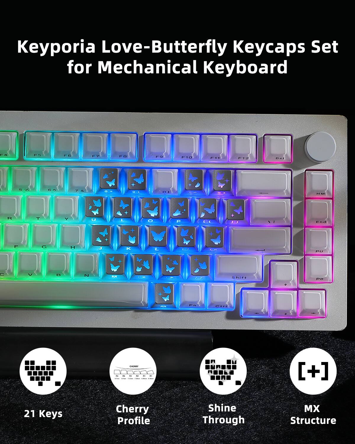 Keyporia Love-Butterfly Keycaps Set for Mechanical Keyboard

FA FS F HM R 1 Y F C H K PU C ~ M ShI Du An in CIr C YO .. - - - - - - - - i o [+] 21 Keys Cherry Profile Shine Through MX Structure