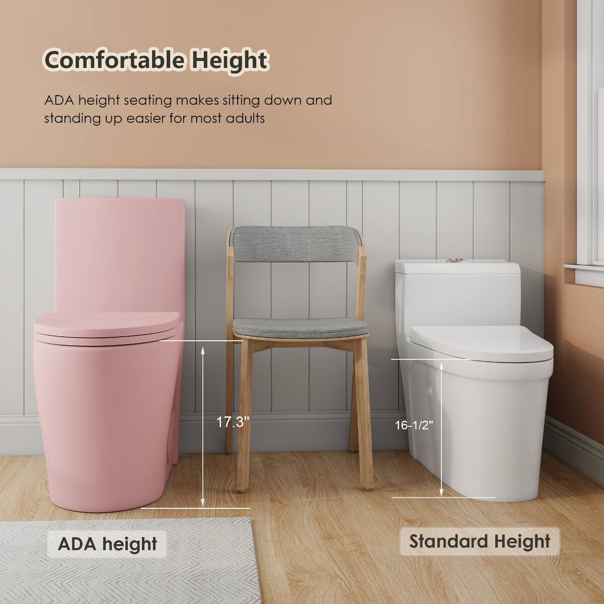 Comfortable Height

ADA height seating makes sitting down and standing up easier for most adults

17.3"

16-1/2"

ADA height

Standard Height