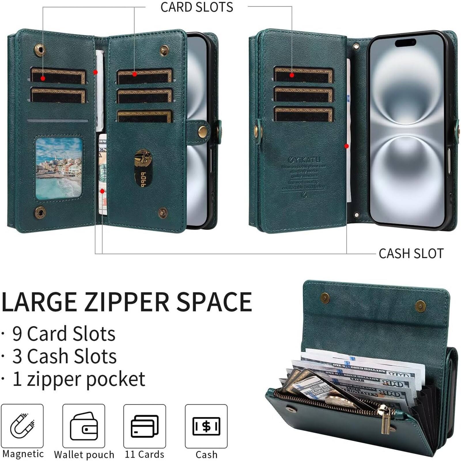 CARD SLOTS  
9 Card Slots

CASH SLOT  
3 Cash Slots

LARGE ZIPPER SPACE  
1 zipper pocket

Magnetic Wallet pouch  
11 Cards  
Cash

TIMN HKD 1 $