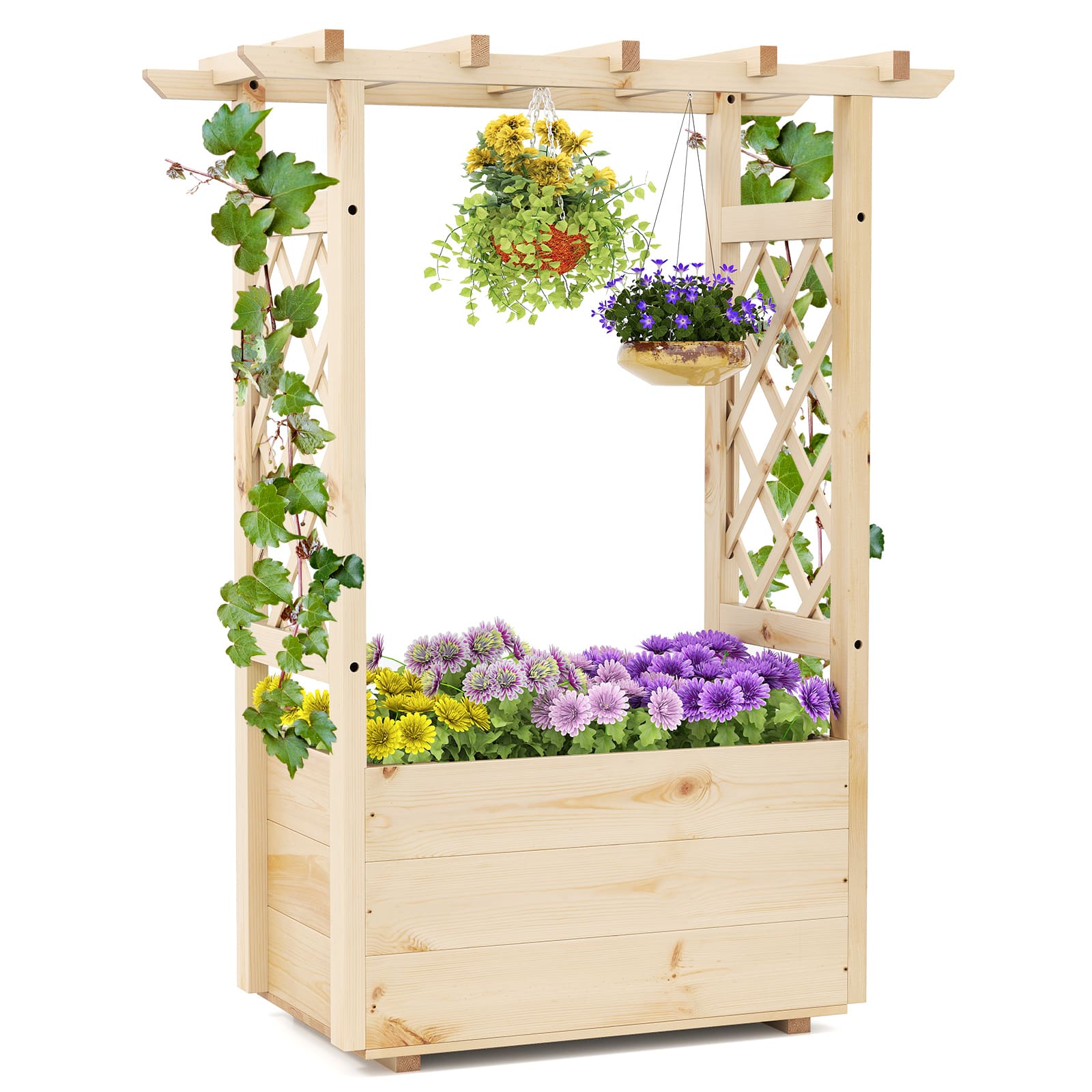 Gymax - Wooden Raised Garden Bed/ Lattice Trellises Hanging Roof Drainage Indoor Outdoor - Natural price history on PriceWatchPro