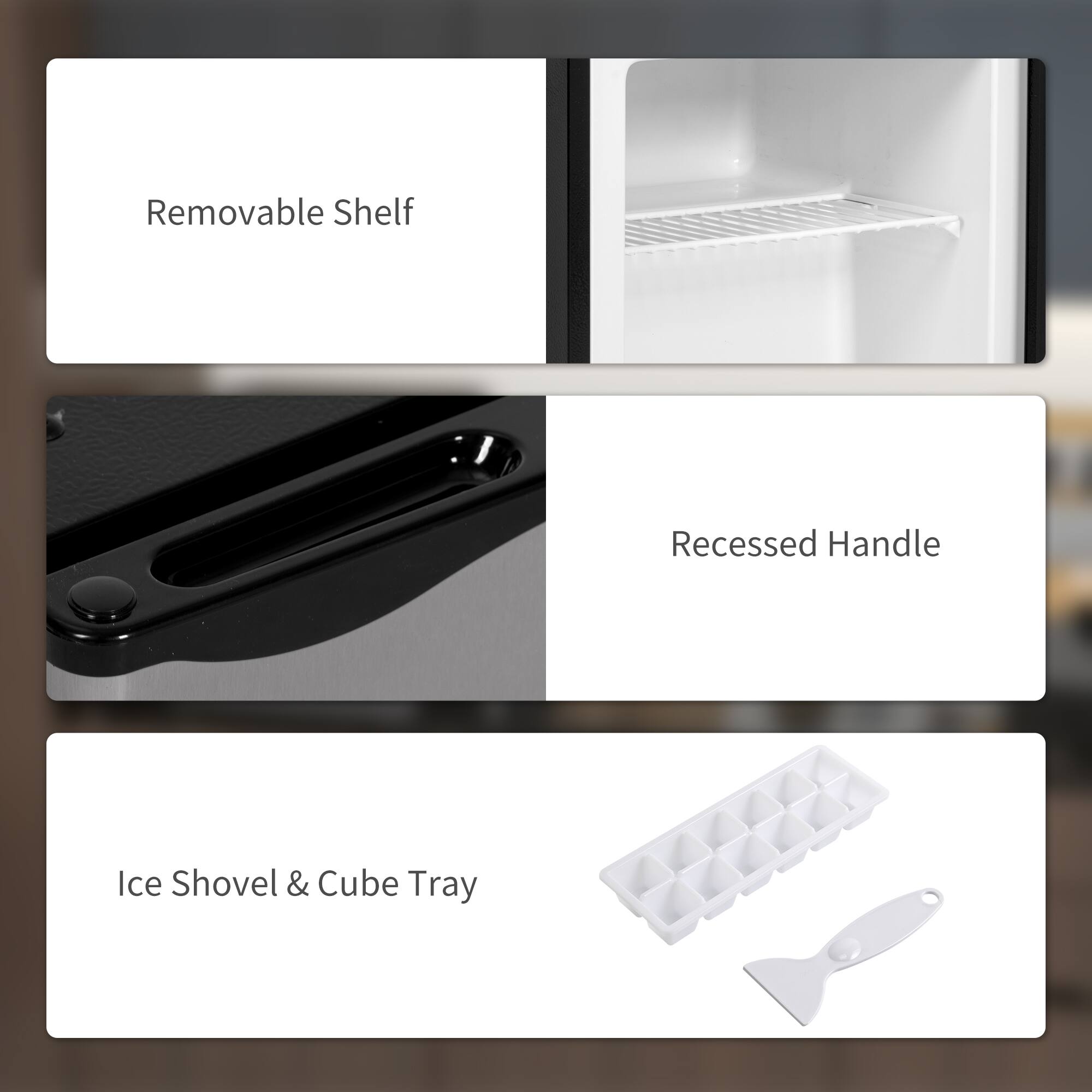 - Removable Shelf
- Recessed Handle
- Ice Shovel & Cube Tray