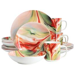 Elama - Autumn Storm 16 Piece Abstract Design Round Porcelain Dinnerware Set in Multicolor - Red, Orange, Green