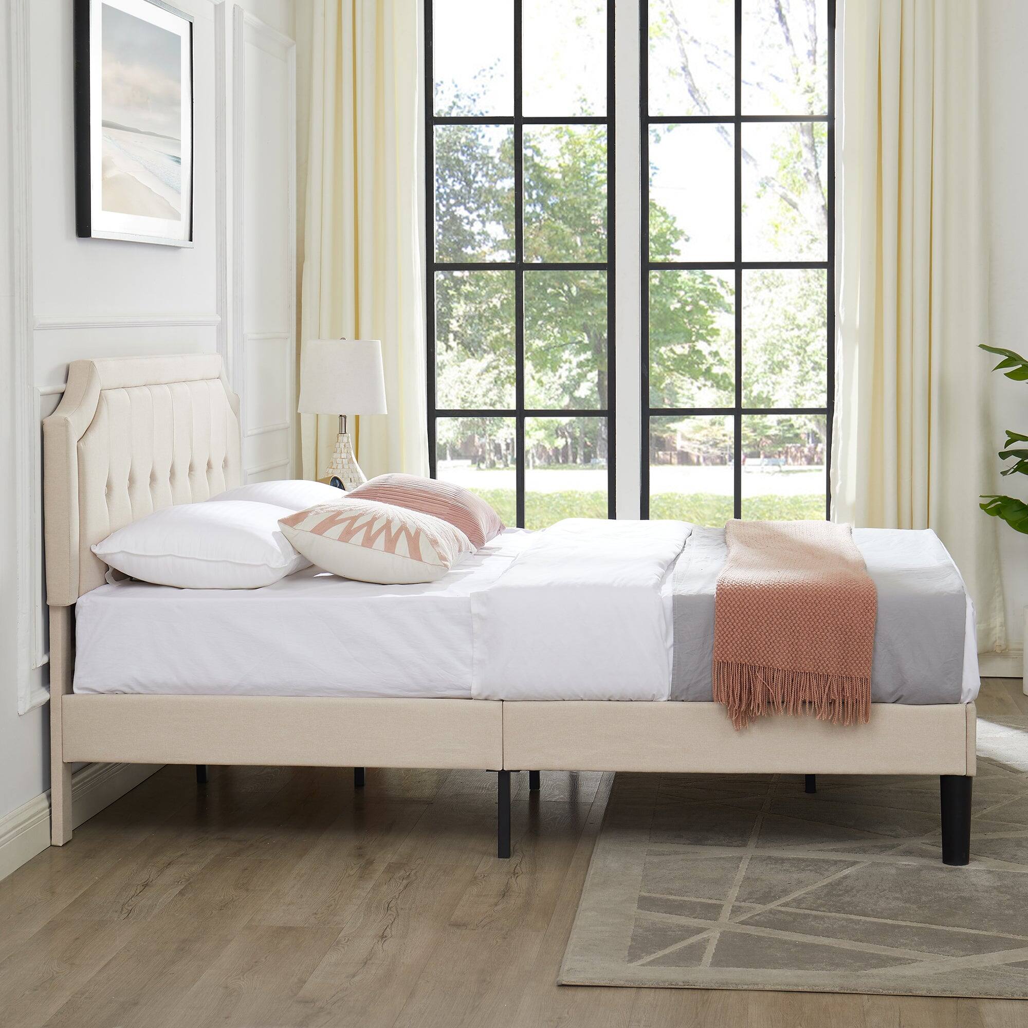 Alt View 2. Vecelo - Linen Upholstered Full Size Bed Frame with Adjustable Headboard - Noise Free Platform Bed, 8" Under Bed Storage - Beige.