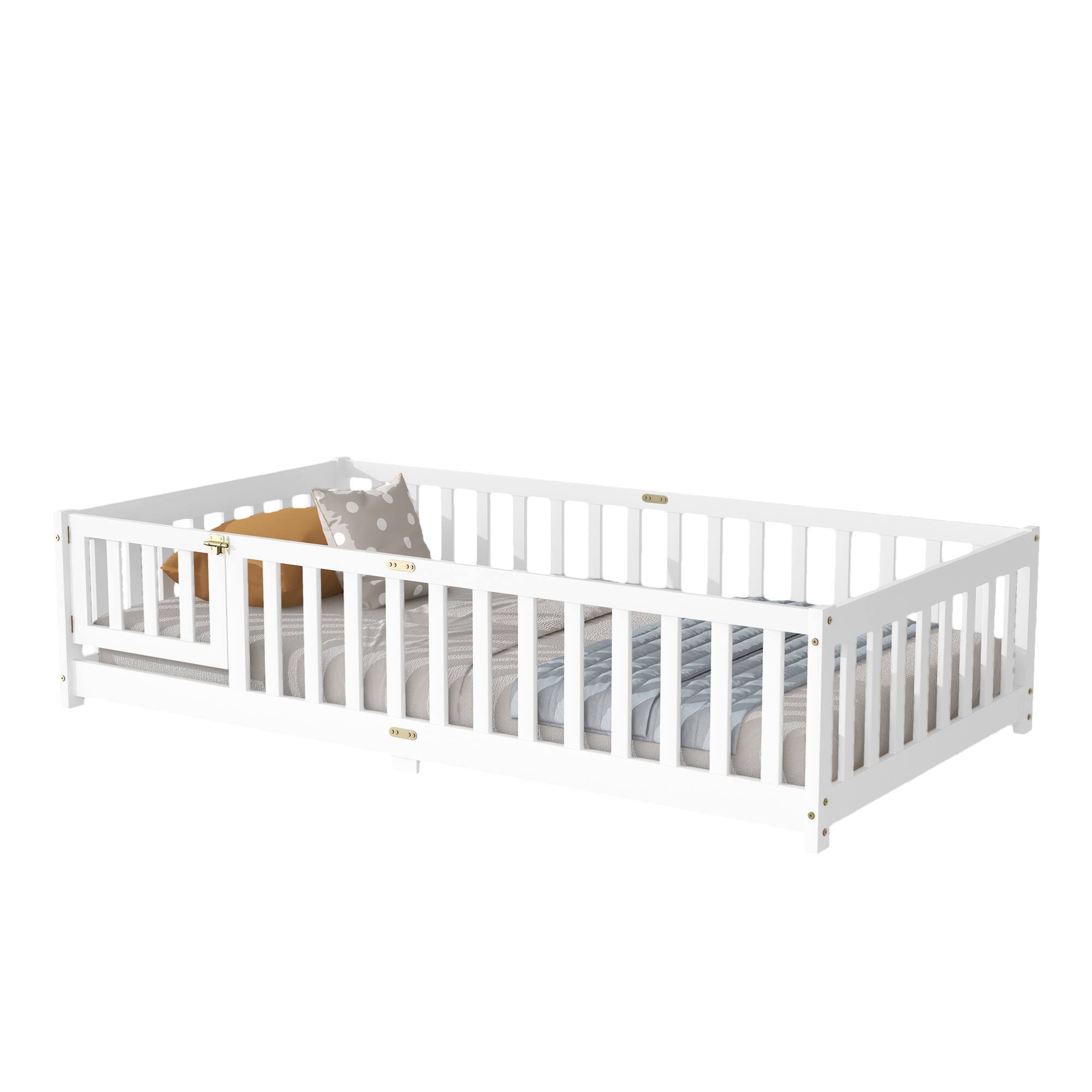 Alt View 9. GOODSILO - Twin Size Floor Bed with Safety Fence and Door for Kids, Sturdy Rubber Wood Construction - White.