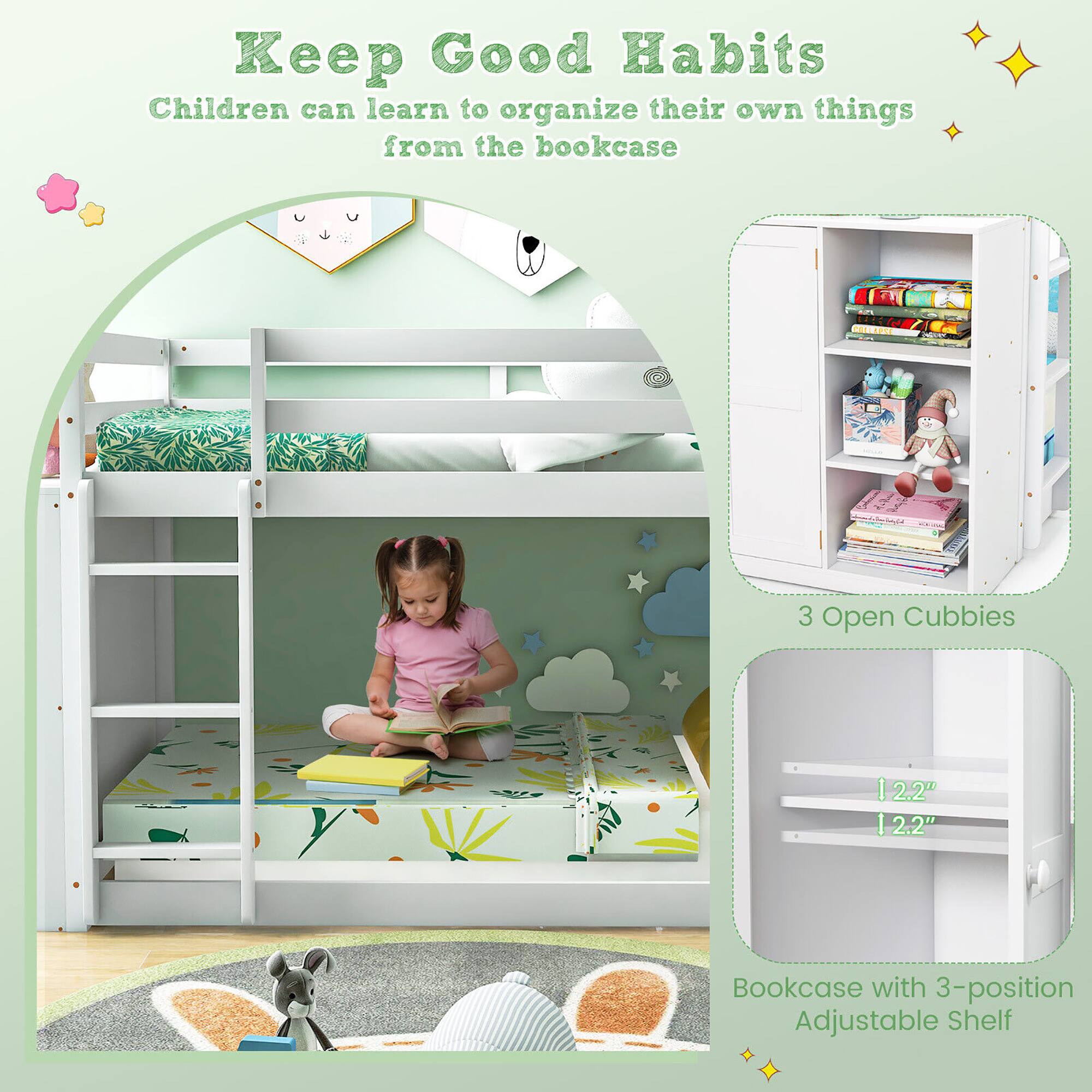 Keep Good Habits  
Children can learn to organize their own things from the bookcase  

3 Open Cubbies  

Bookcase with 3-position Adjustable Shelf  
12.2" x 12.2"
