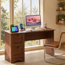 WELLFOR - 43" Computer Desk with Power Outlets & 2 Drawers, Writing Studying Working Desk for Home Office - Walnut