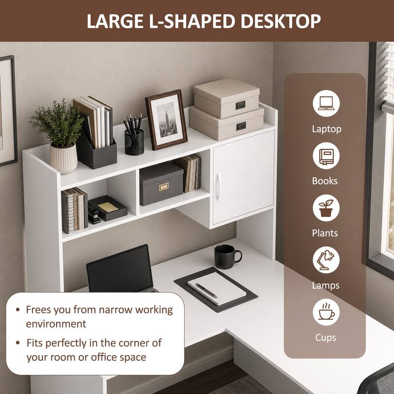 LARGE L-SHAPED DESKTOP

- Laptop
- Books
- Plants
- Lamps
- Cups

Frees you from narrow working environment
Fits perfectly in the corner of your room or office space