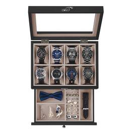 Songmics Home - 8-Slot Watch Box, Wooden Watch Box, 2-Tier Display Case with Large Glass Lid, Removable Pillows, Velvet Lining - Ebony Black