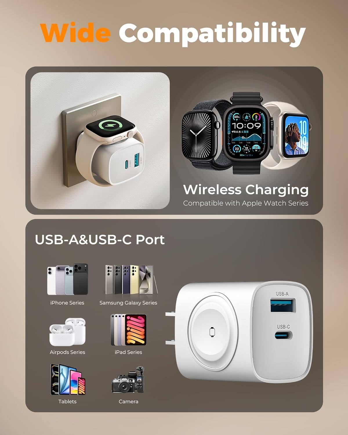 Wide Compatibility

Wireless Charging
Compatible with Apple Watch Series

USB-A&USB-C Port
iPhone Series
Samsung Galaxy Series
Airpods Series
iPad Series
Tablets
Camera