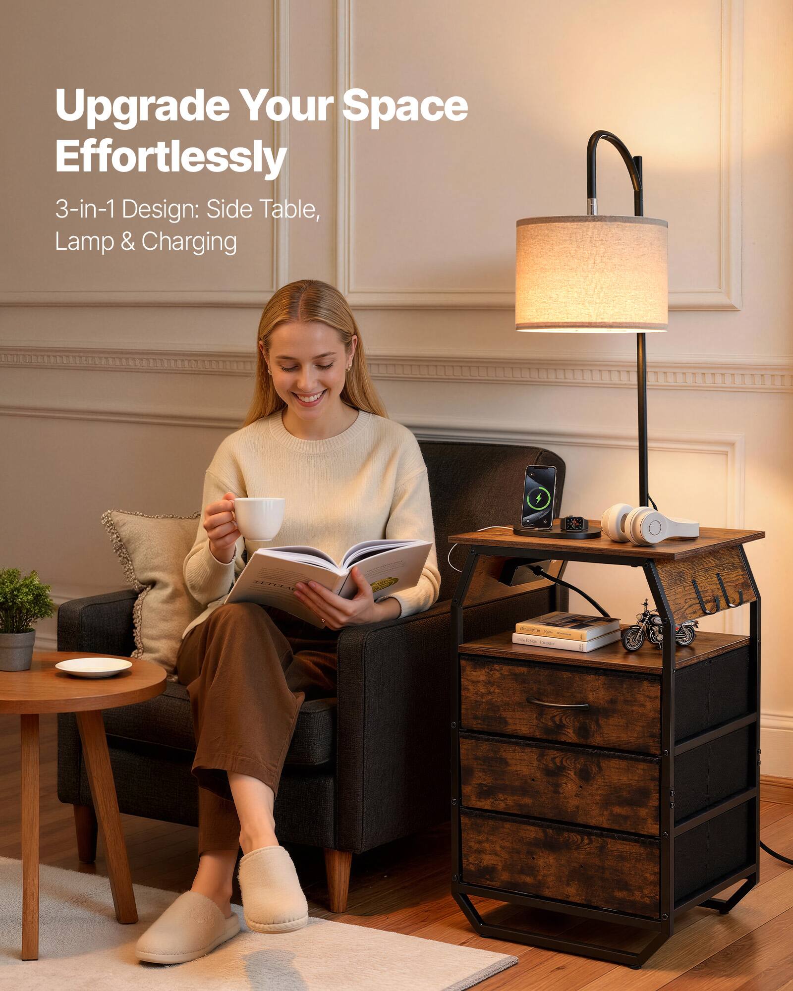 Upgrade Your Space Effortlessly  
3-in-1 Design: Side Table, Lamp & Charging