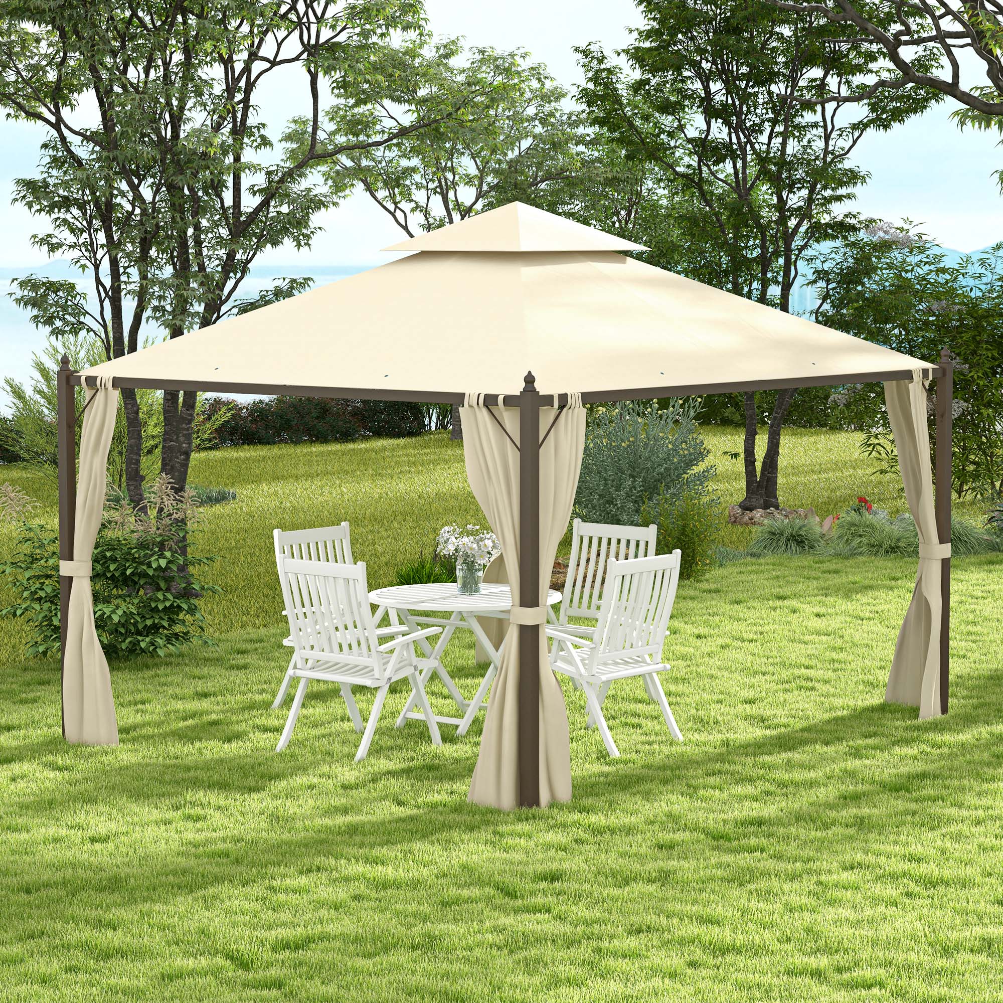 Alt View 7. Outsunny - 10' x 12' Steel Outdoor Patio Gazebo with Polyester Privacy Curtains, Two-Tier Roof for Air, Large Design - Beige.