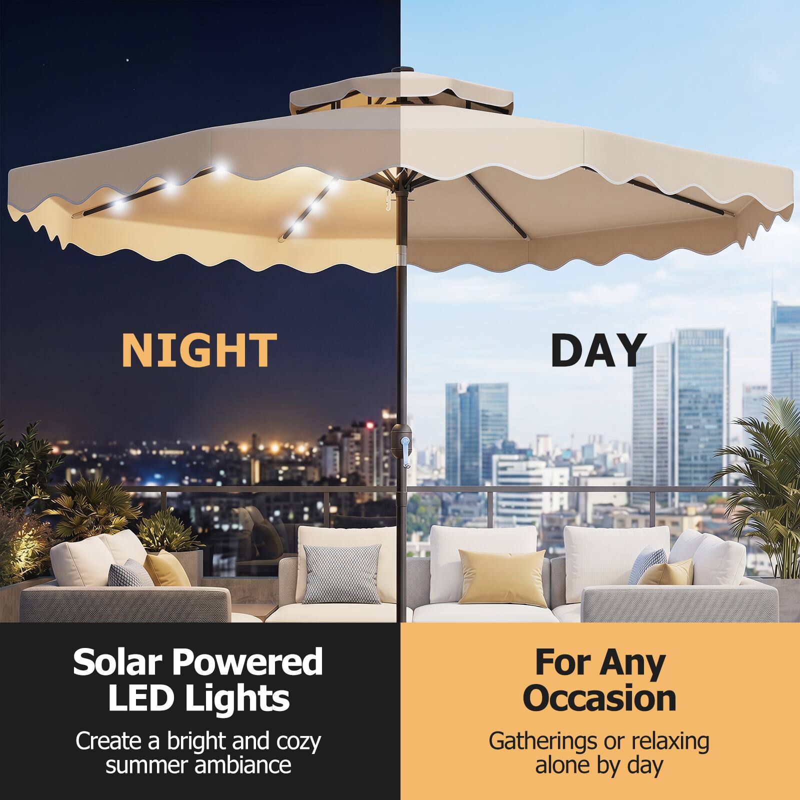 NIGHT DAY

Solar Powered LED Lights

Create a bright and cozy summer ambiance

For Any Occasion

Gatherings or relaxing alone by day