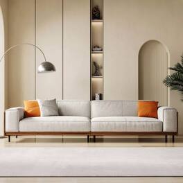 luck idea - 111.81" Mid-Century Modern Sofa, 4-Seater Fabric Couch with Solid Wood Frame, Cotton-Linen Upholstery, Walnut Accents & - Gray