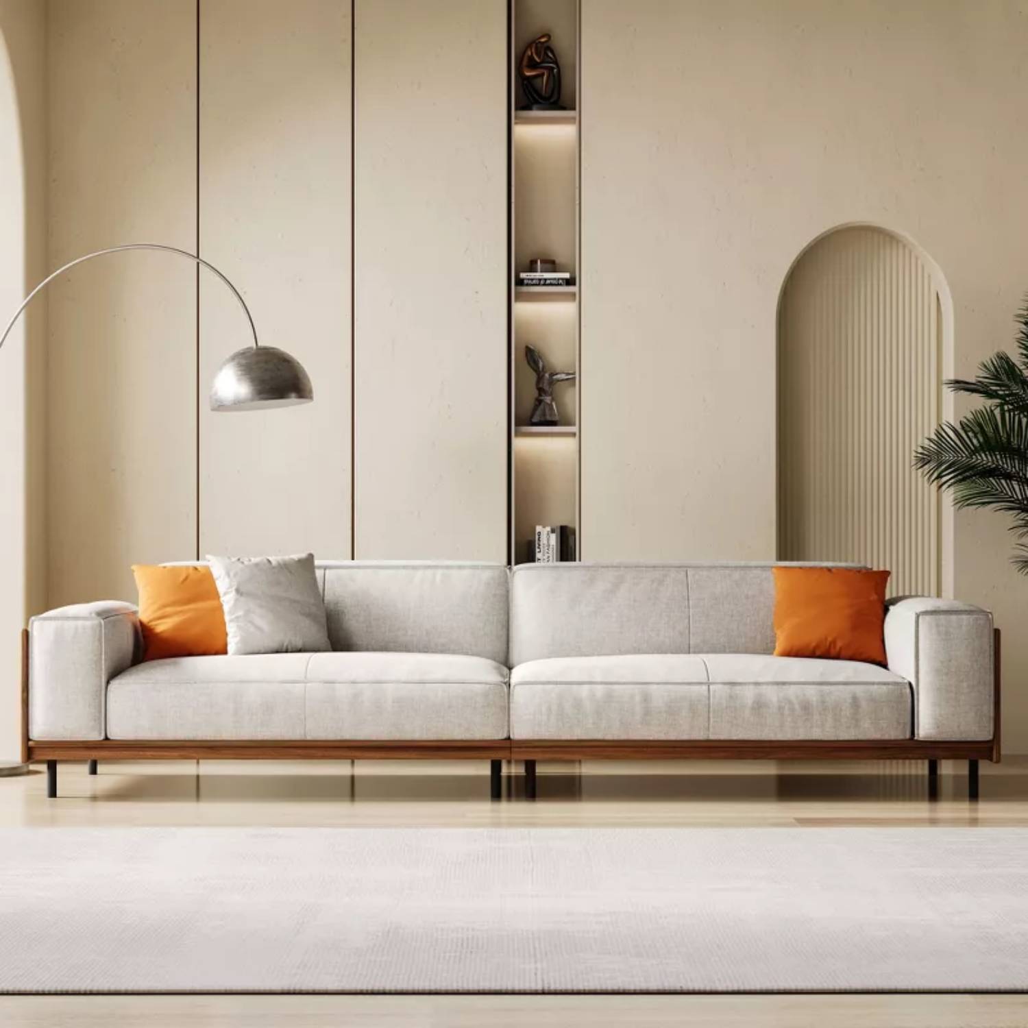 Front. luck idea - 111.81" Mid-Century Modern Sofa, 4-Seater Fabric Couch with Solid Wood Frame, Cotton-Linen Upholstery, Walnut Accents & - GRAY.