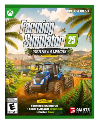 XBOX SERIES X Farming Simulator 25 BEANS & ALPACAS Base Game + Expansion
18.440
EVERYONE ENFANTS et ADULTES E ESRB
INCLUDES Farming Simulator 25 + Beans & Alpacas Expansion + MacDon Pack
GIANTS SOFTWARE - E (Everyone)