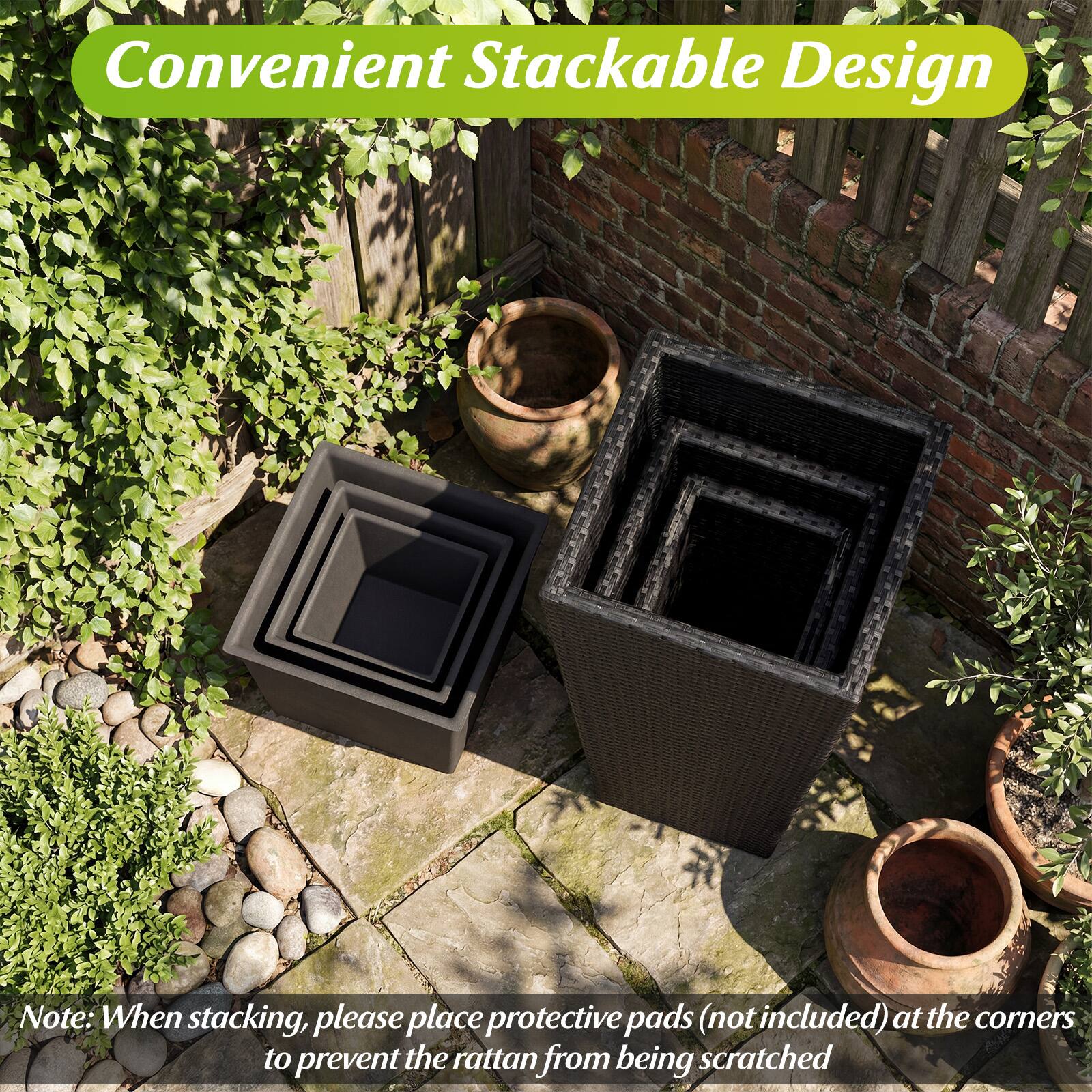 Convenient Stackable Design

Note: When stacking, please place protective pads (not included) at the corners to prevent the rattan from being scratched.