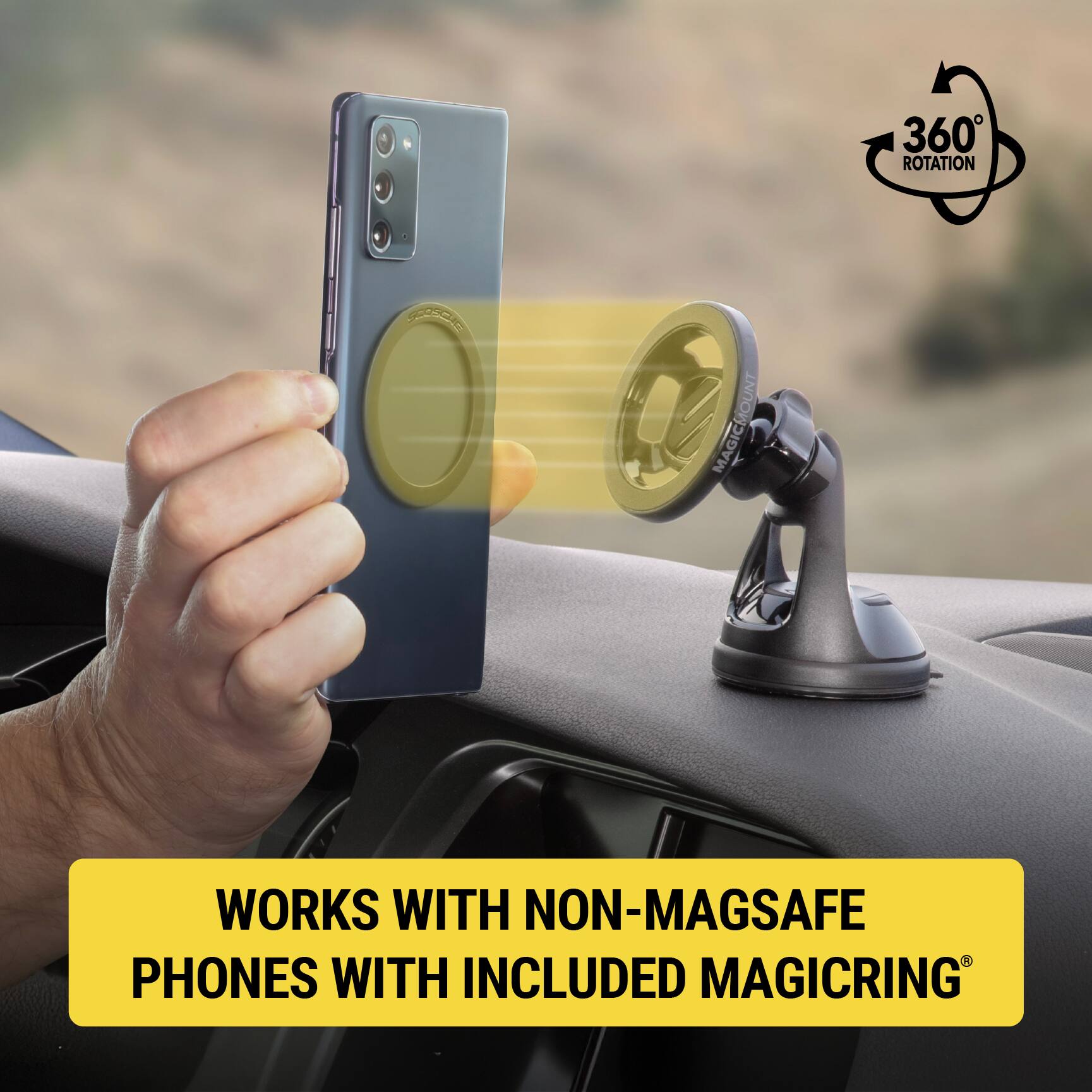 360° Rotation  
Works with Non-Magsafe Phones with Included MagicRing