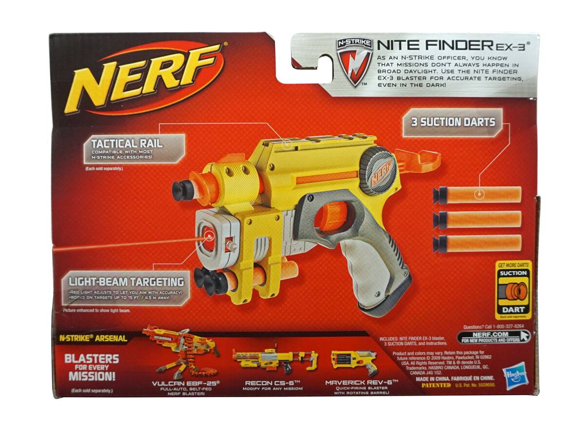**NERF**

**TACTICAL RAIL**  
Compatible with most N-Strike accessories! (Each sold separately.)

**NITE FINDER EX-3**  
As an N-Strike officer, you know that missions don't always happen in broad daylight. Use the Nite Finder EX-3 blaster for accurate targeting, even in the dark!

**3 SUCTION DARTS**

**LIGHT-BEAM TARGETING**  
- Red light adjusts to let you aim with accuracy  
- Works on targets up to 15 ft. / 4.5 m away  
Picture enhanced to show light beam.

**N-STRIKE ARSENAL**  
Blasters for every mission! (Each sold separately)

- **VULCAN EBF-25** Full-auto, belt-fed NERF blaster
- **RECON CS-6T** Modify for any mission
- **MAVERICK REV-8** Quick-firing blaster with rotating barrel

**GET MORE DARTS**  
Suction darts

**Questions? Call 1-800-327-8264**  
NERF.COM for new products and offers

**Product and colors may vary. Retain this package