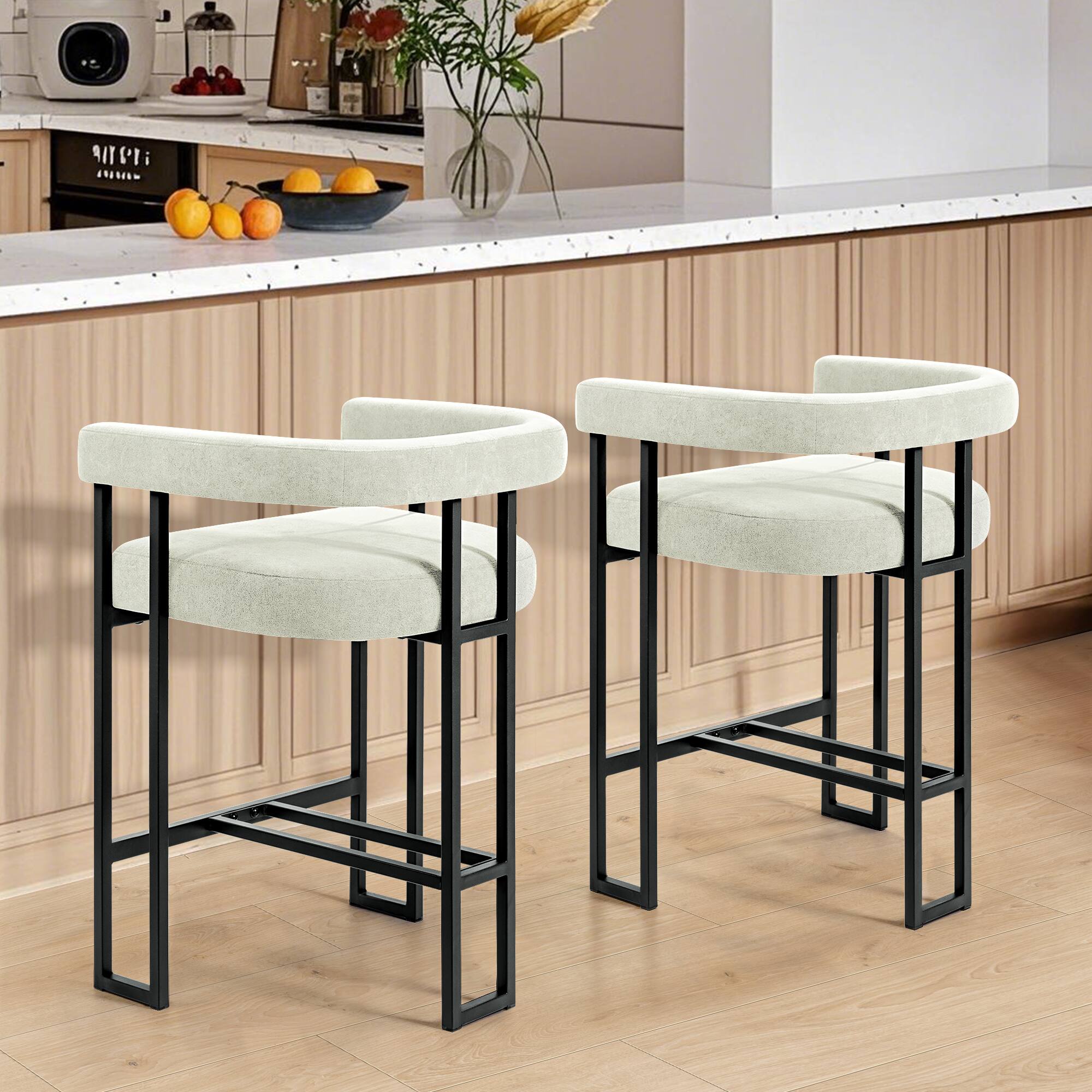 Alt View 3. KERDOM - 26'' Height Cloud Velvet Pub Bar Seats, Kitchen Island Stools with Arms Bar Stools Set of 2, Counter Padded High Chair - Pearl White.