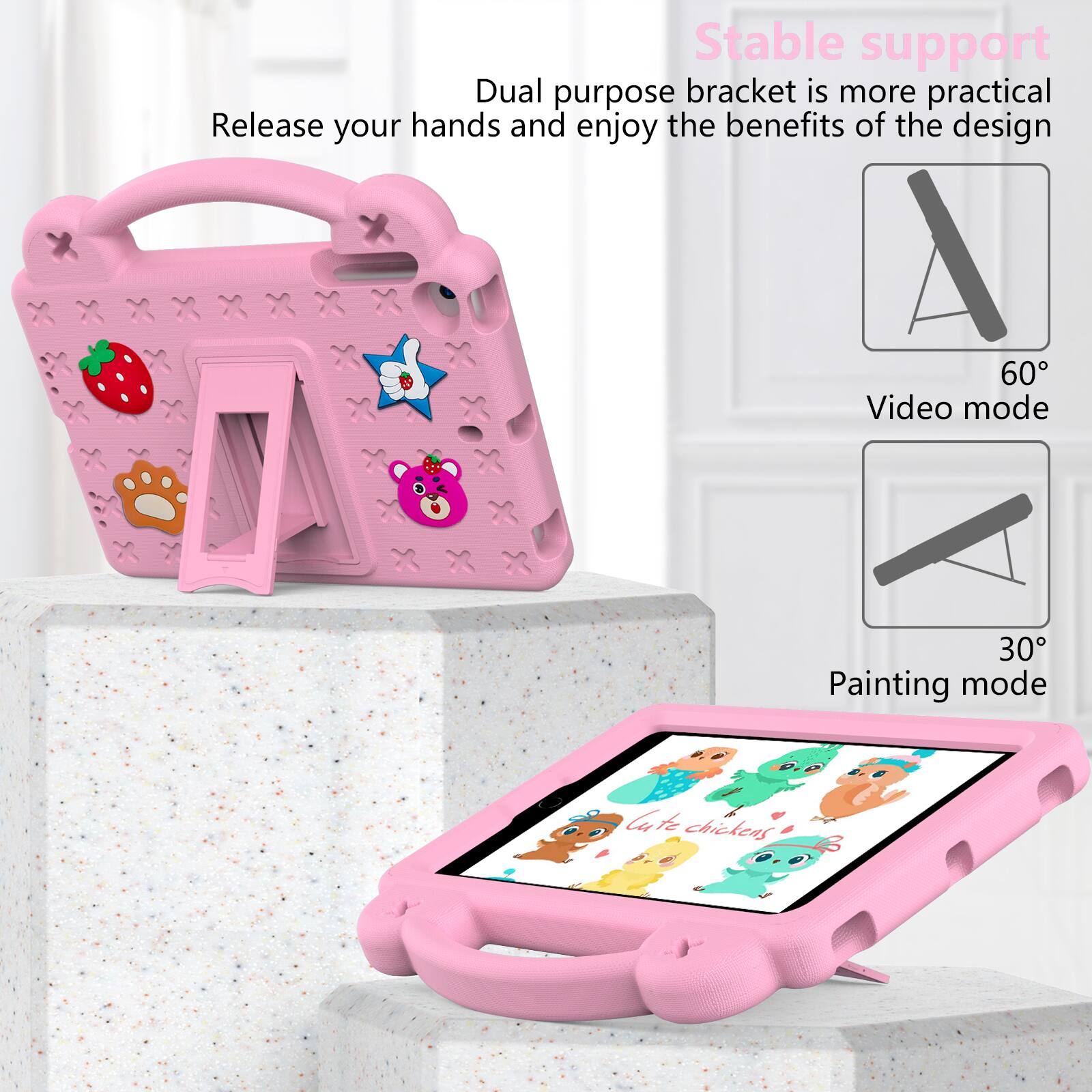 Stable support  
Dual purpose bracket is more practical  
Release your hands and enjoy the benefits of the design  

A 60° Video mode  
30° Painting mode  

late chickens