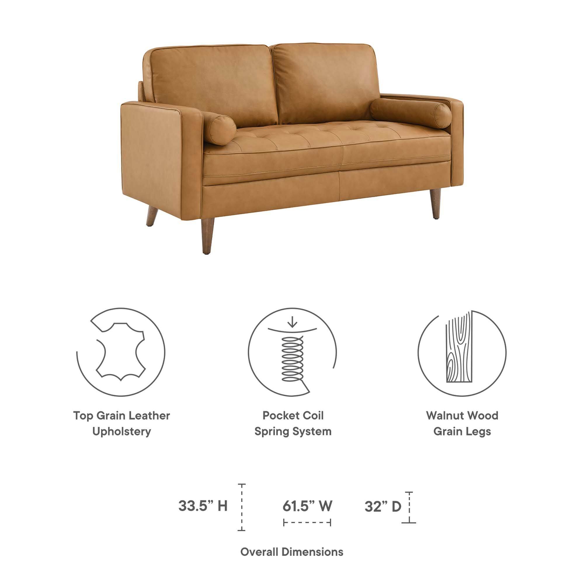Top Grain Leather Upholstery  
8000000 Pocket Coil Spring System  
Walnut Wood Grain Legs  

Overall Dimensions:  
33.5" H  
61.5" W  
32" D