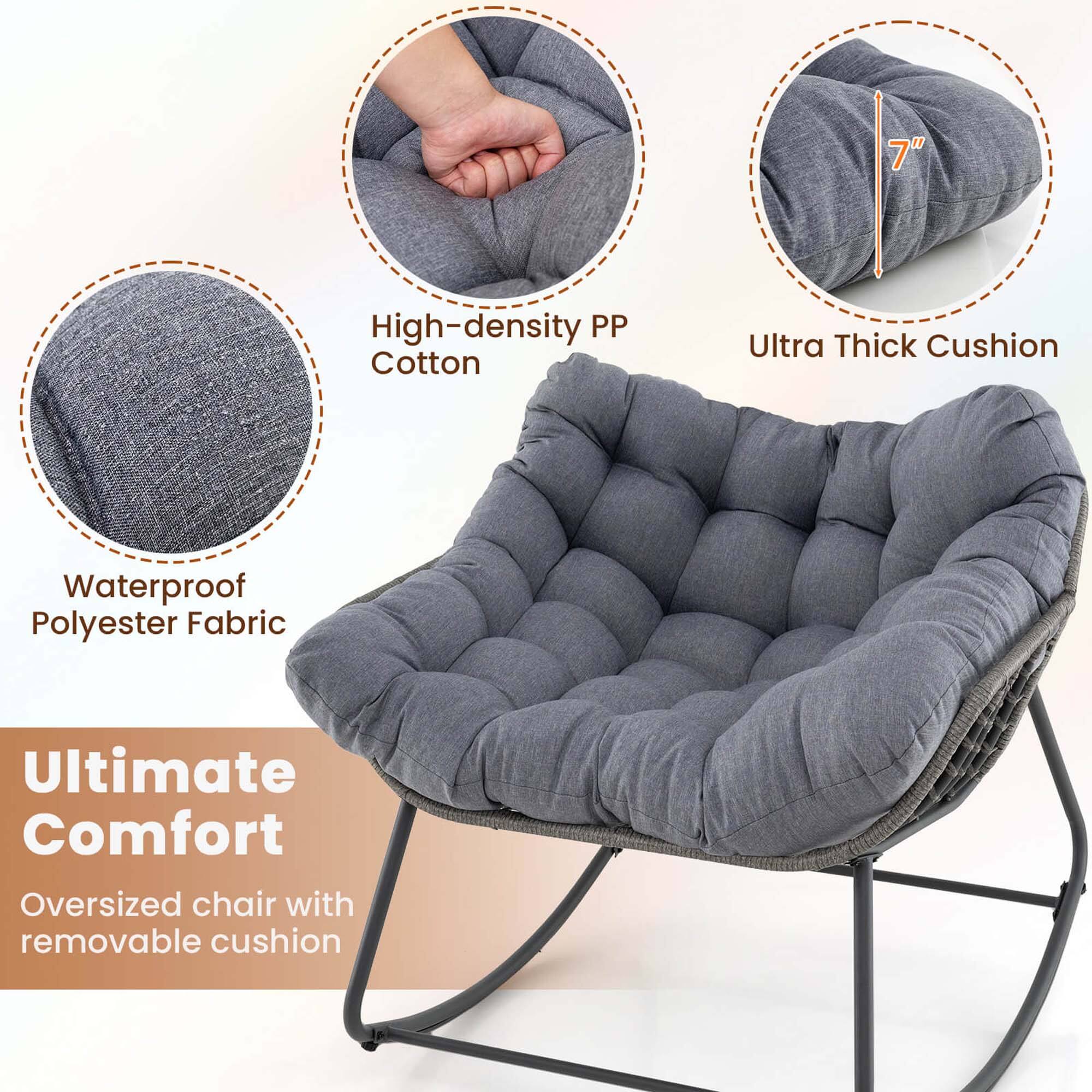 The text on the image is grouped and corrected as follows:

"Ultimate Comfort Oversized Chair with Removable Cushion: 7" High-density PP Cotton Ultra Thick Cushion, Waterproof Polyester Fabric."