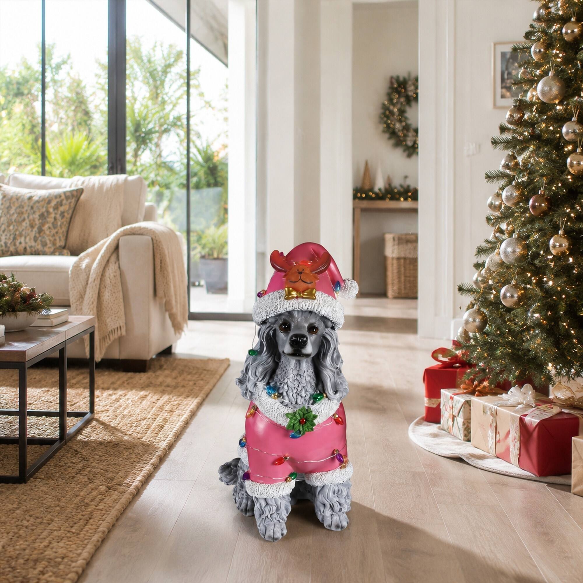 Back. RYHNUYNE - Holiday Poodle Figurine in Pink Santa Outfit with Holly Accents for Festive Indoor Display - Grey.