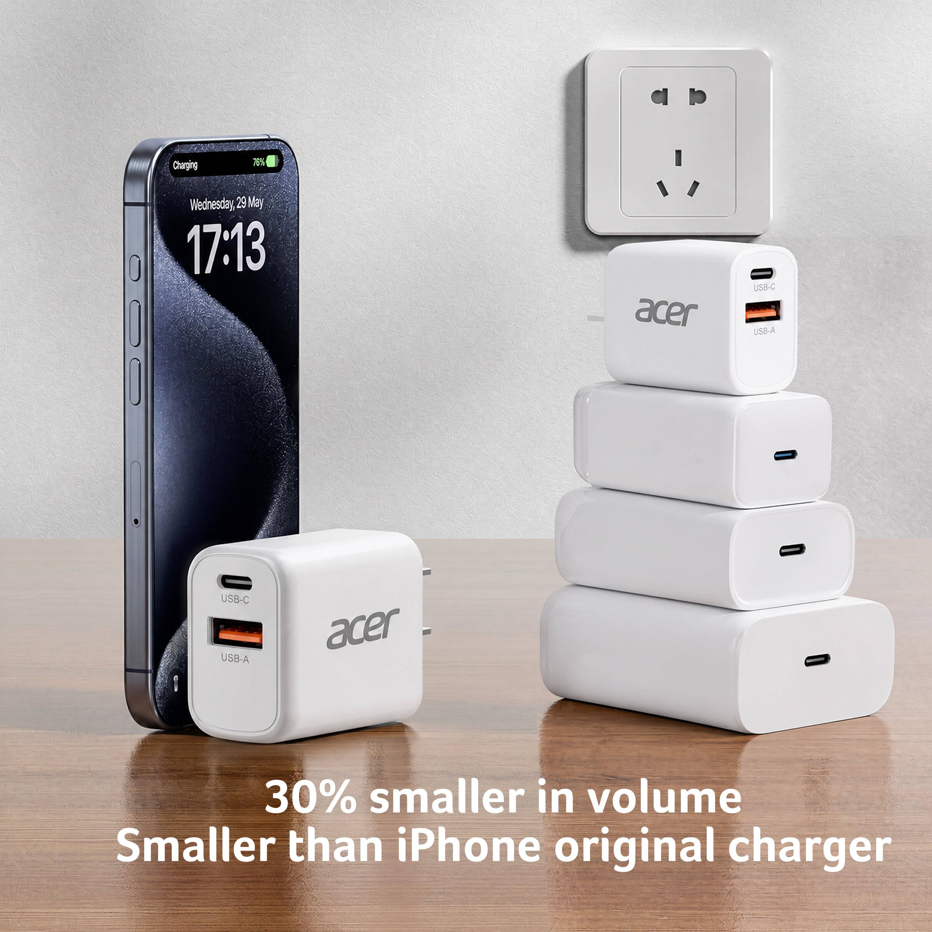 Charging 20% Wednesday, 29 May 17:13  
acer USB-C USB-A USB-C USB-A  
acer  
30% smaller in volume  
Smaller than iPhone original charger