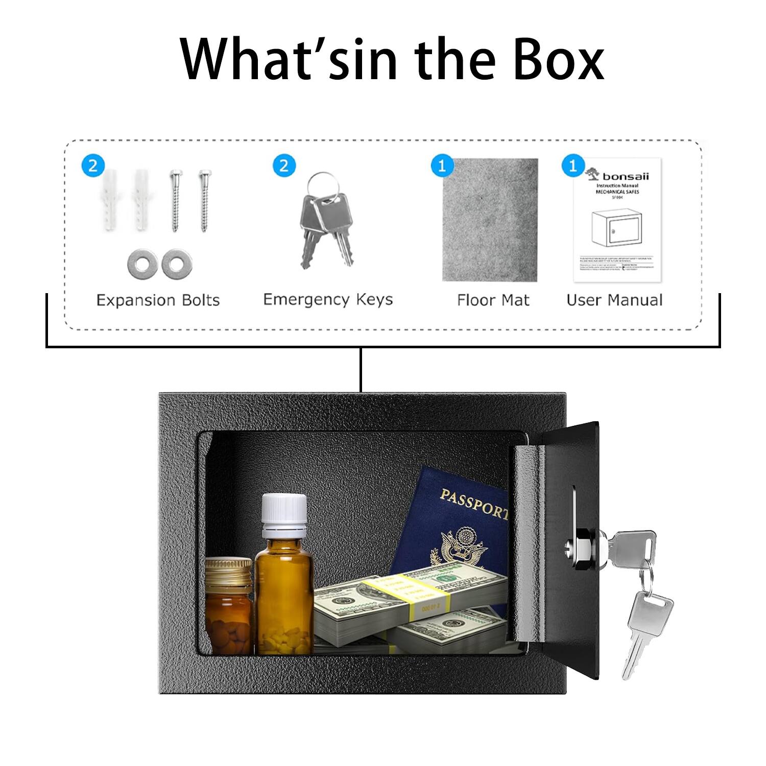 What's in the Box

- 2 Expansion Bolts
- 2 Emergency Keys
- 1 Floor Mat
- 1 User Manual

PASSPORT