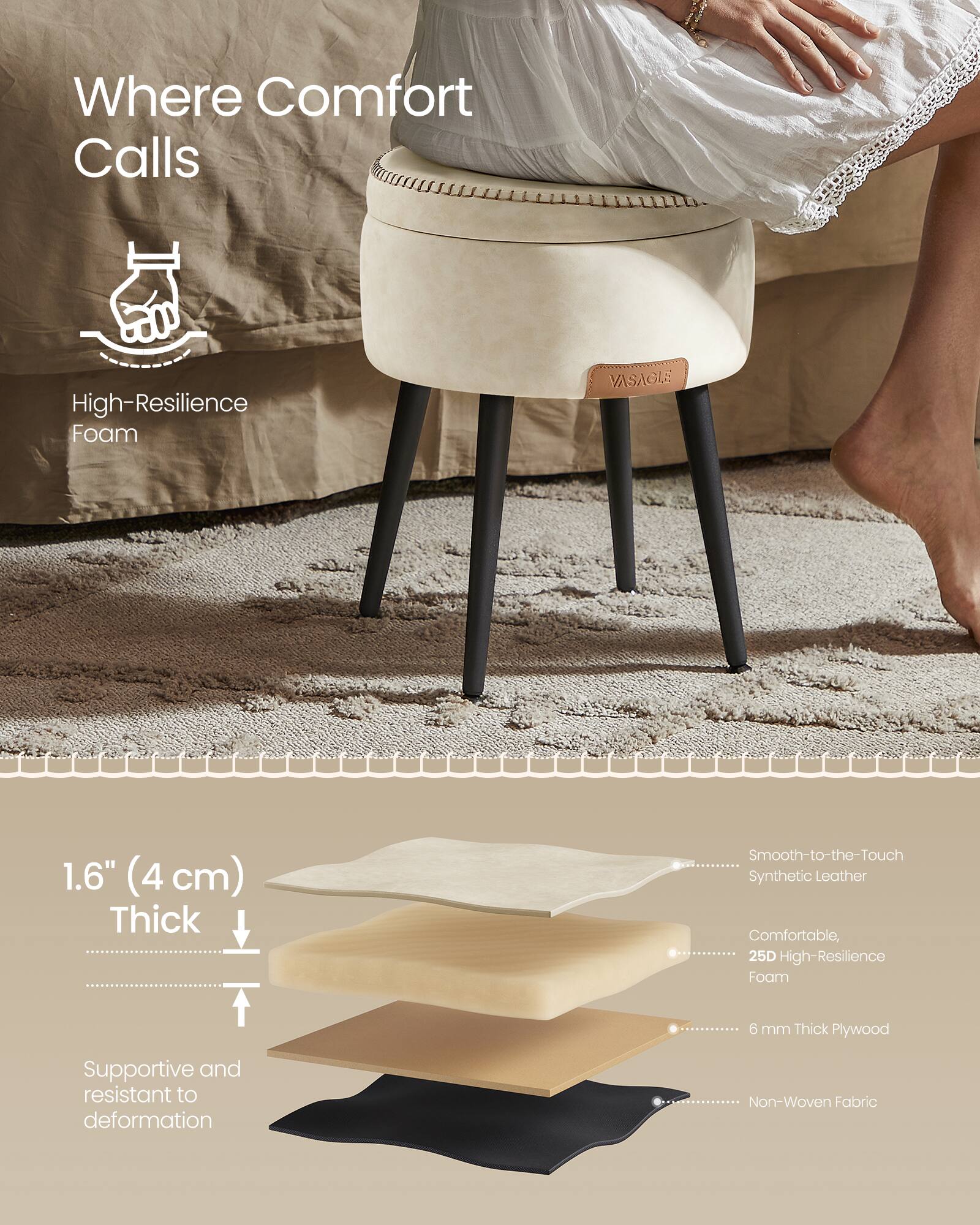 Where Comfort Calls

High-Resilience Foam

1.6" (4 cm) Thick

Smooth-to-the-Touch Synthetic Leather

Comfortable, 25D High-Resilience Foam

6 mm Thick Plywood

Supportive and resistant to deformation

Non-Woven Fabric